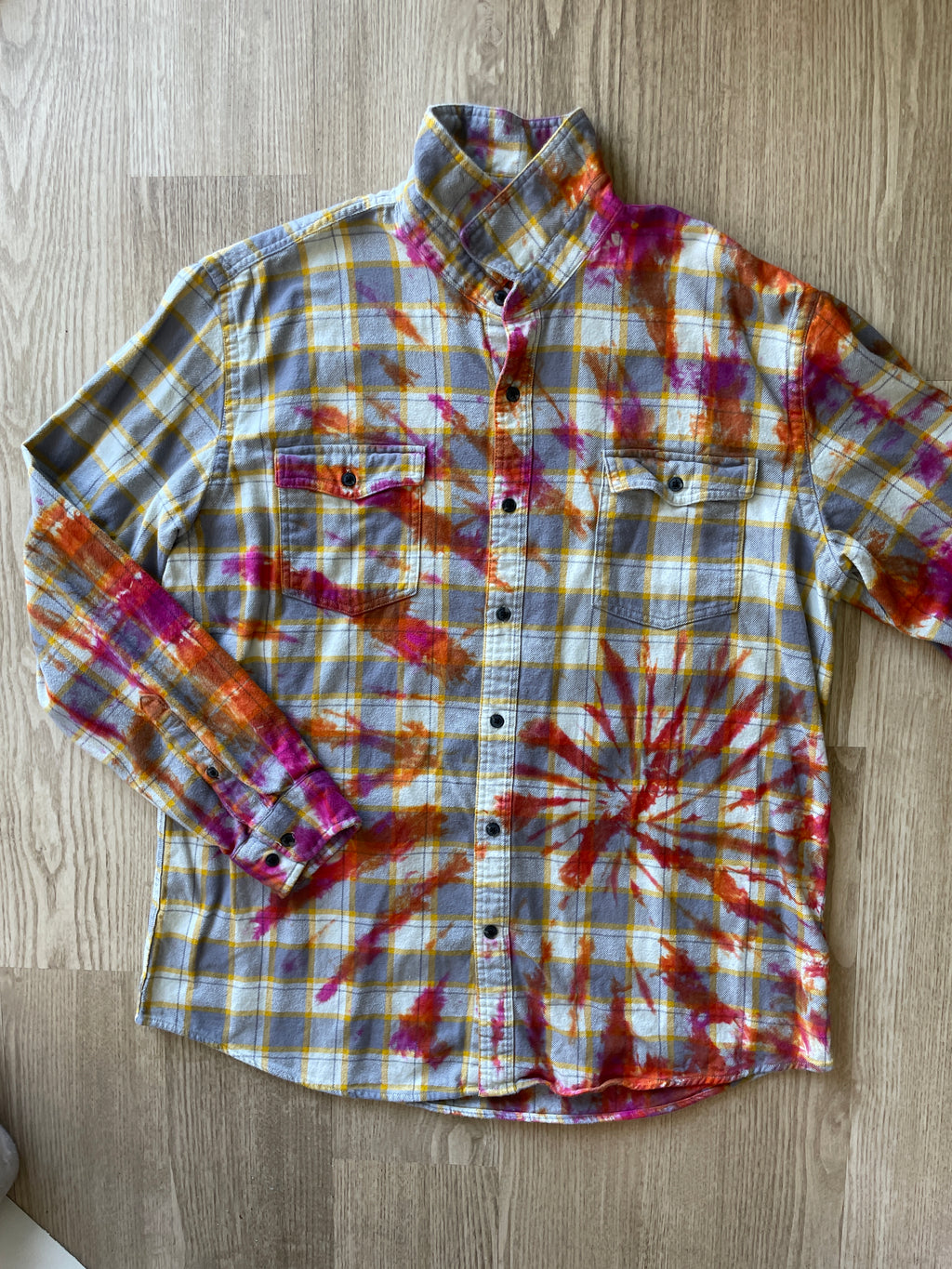XL Men’s Yellow, White, Orange, and Pink Handmade Tie Dye Flannel Shirt | One-Of-a-Kind Upcycled Long Sleeve