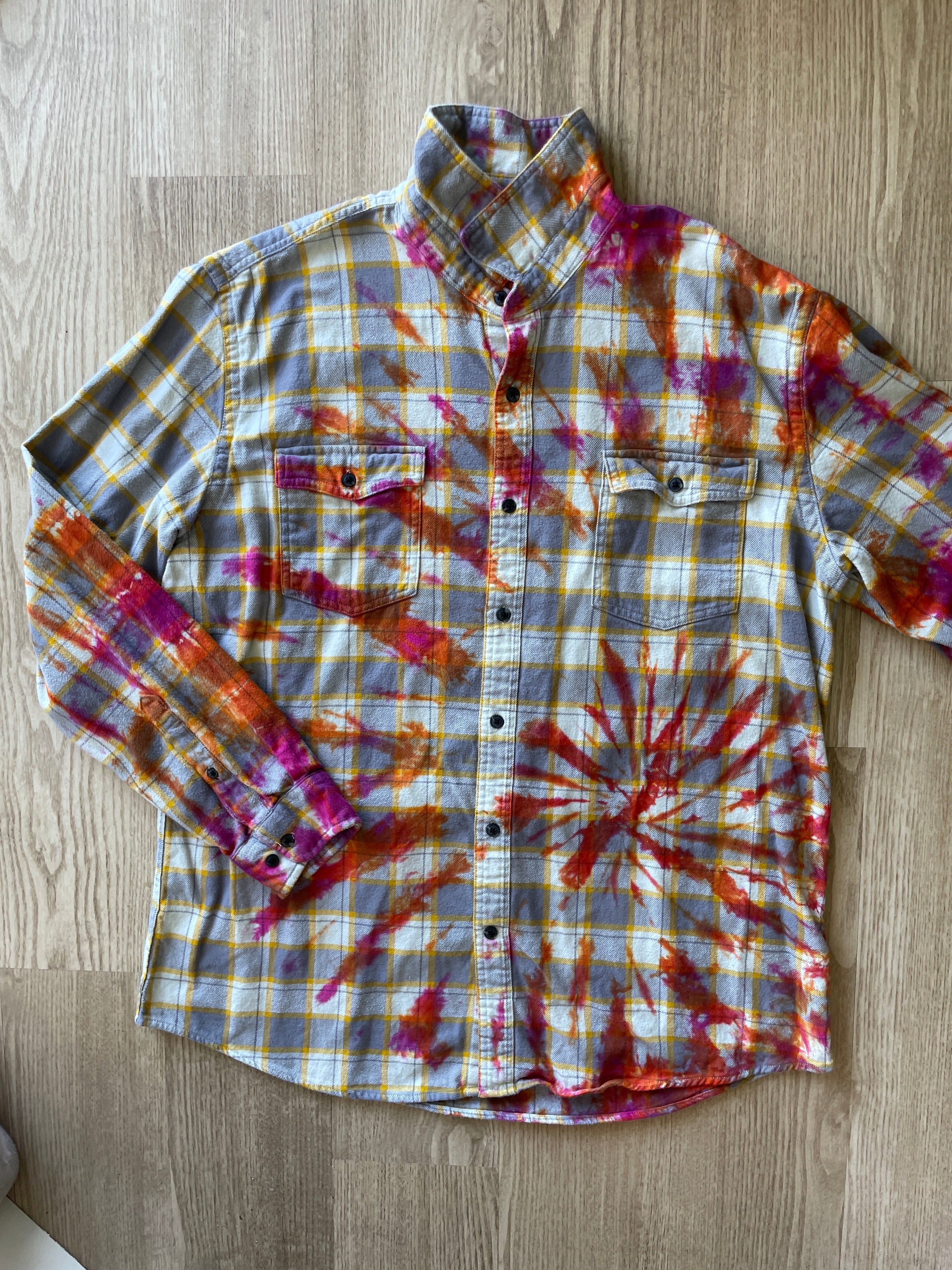 XL Men’s Yellow, White, Orange, and Pink Handmade Tie Dye Flannel Shirt | One-Of-a-Kind Upcycled Long Sleeve