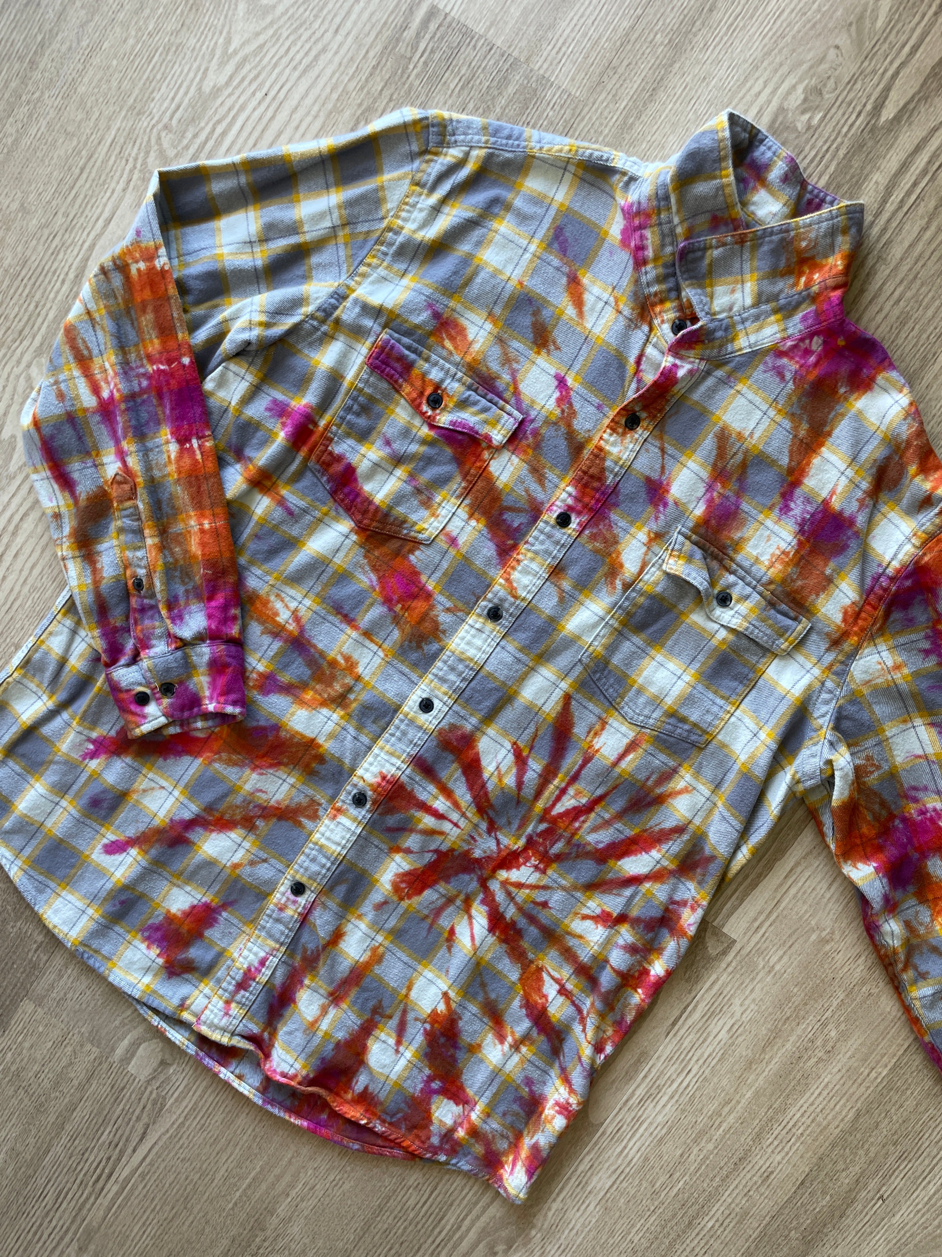 XL Men’s Yellow, White, Orange, and Pink Handmade Tie Dye Flannel Shirt | One-Of-a-Kind Upcycled Long Sleeve