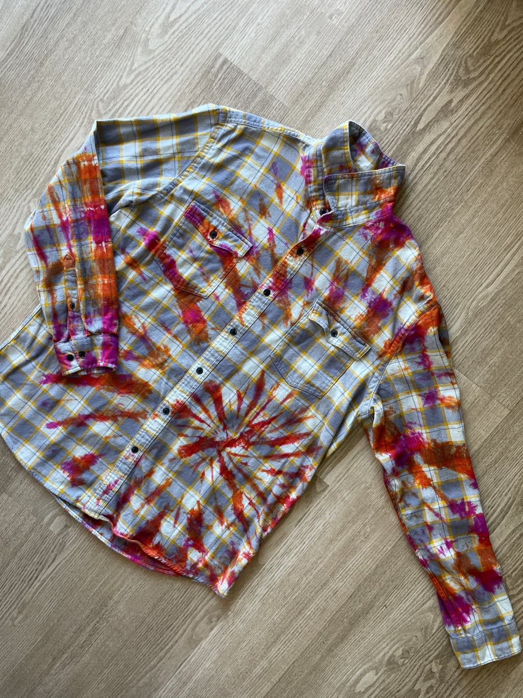 XL Men’s Yellow, White, Orange, and Pink Handmade Tie Dye Flannel Shirt | One-Of-a-Kind Upcycled Long Sleeve