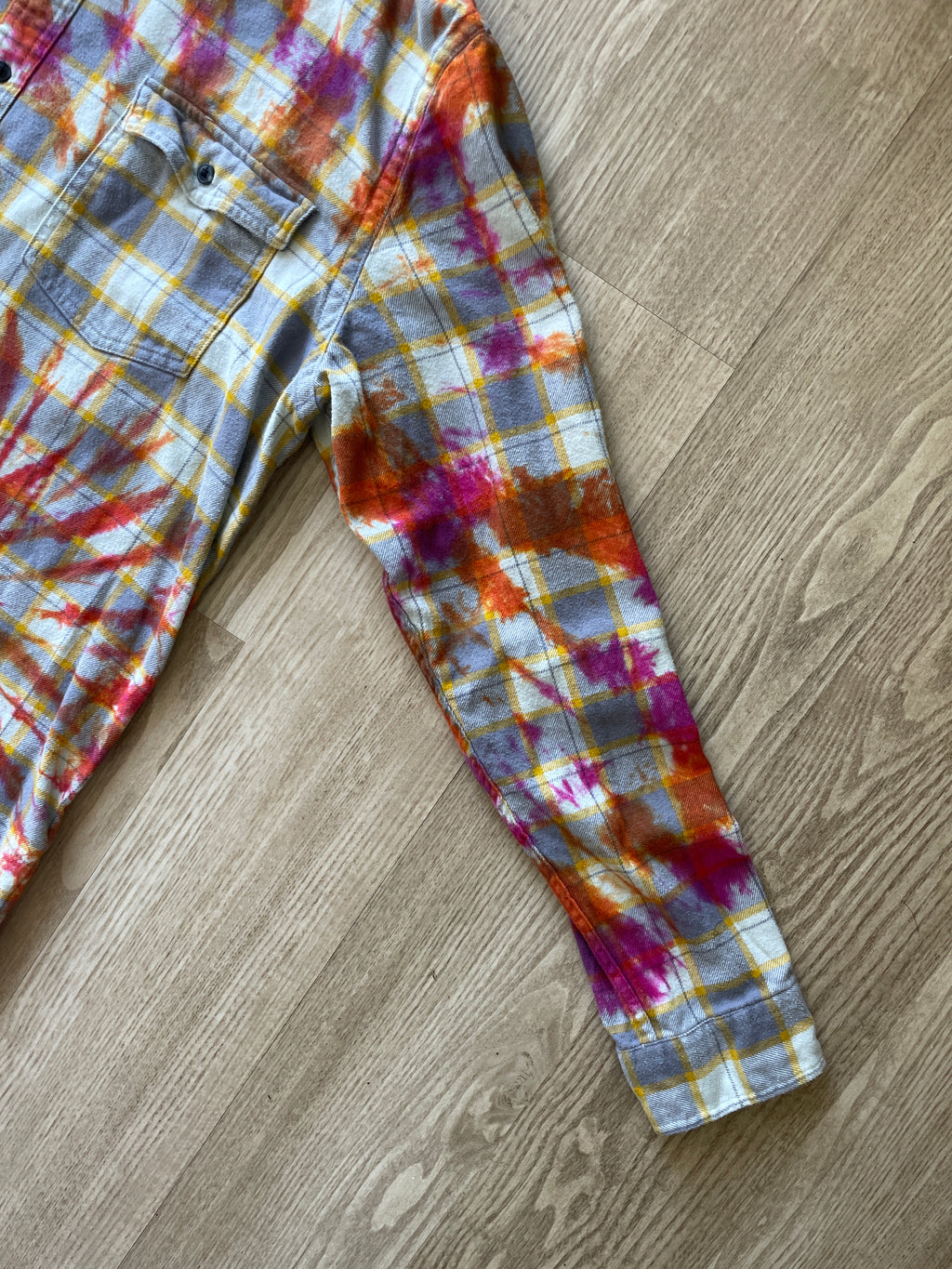 XL Men’s Yellow, White, Orange, and Pink Handmade Tie Dye Flannel Shirt | One-Of-a-Kind Upcycled Long Sleeve