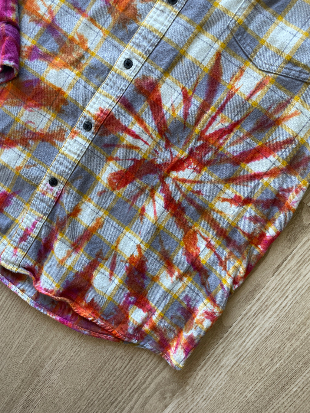 XL Men’s Yellow, White, Orange, and Pink Handmade Tie Dye Flannel Shirt | One-Of-a-Kind Upcycled Long Sleeve