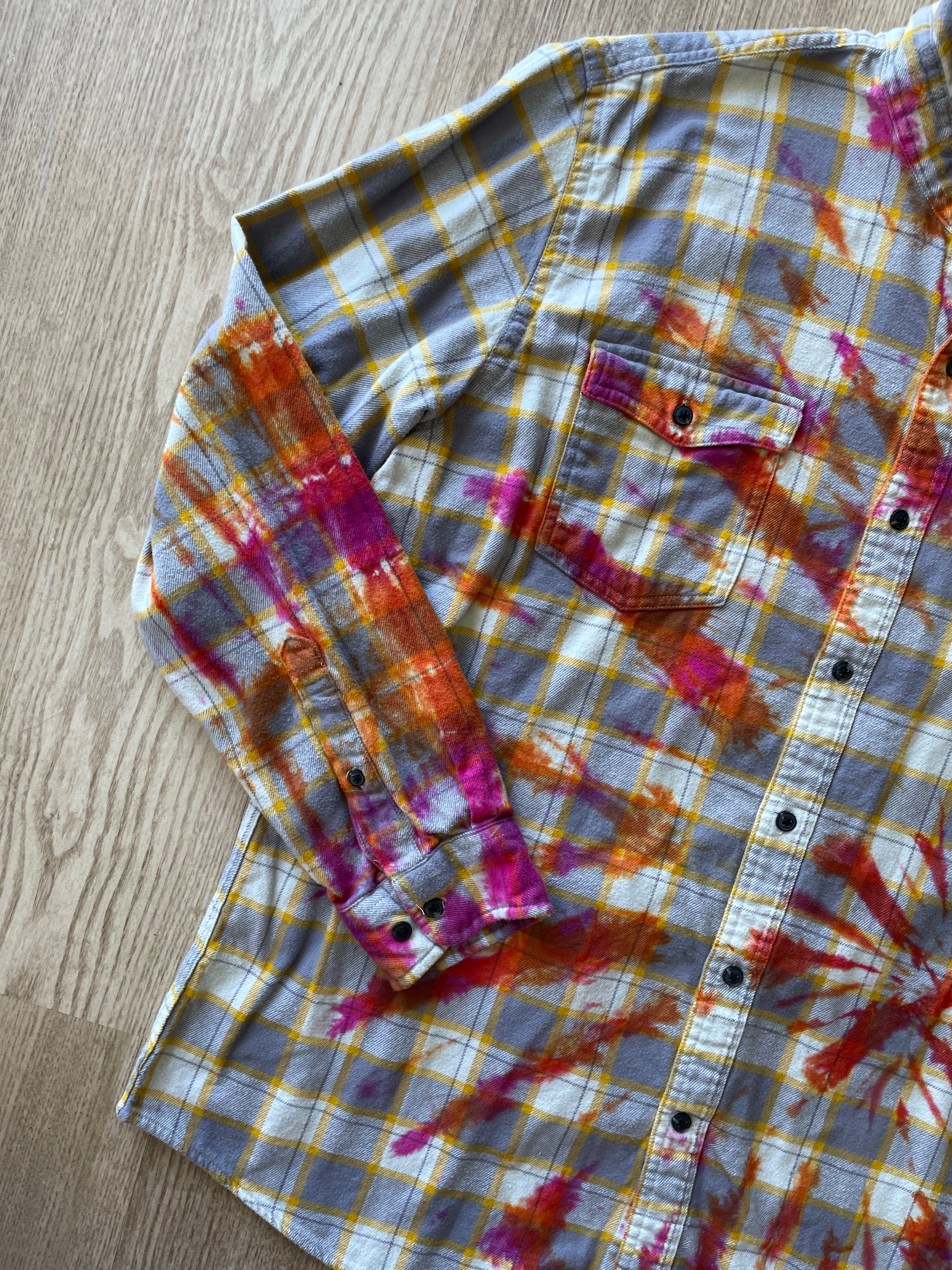 XL Men’s Yellow, White, Orange, and Pink Handmade Tie Dye Flannel Shirt | One-Of-a-Kind Upcycled Long Sleeve