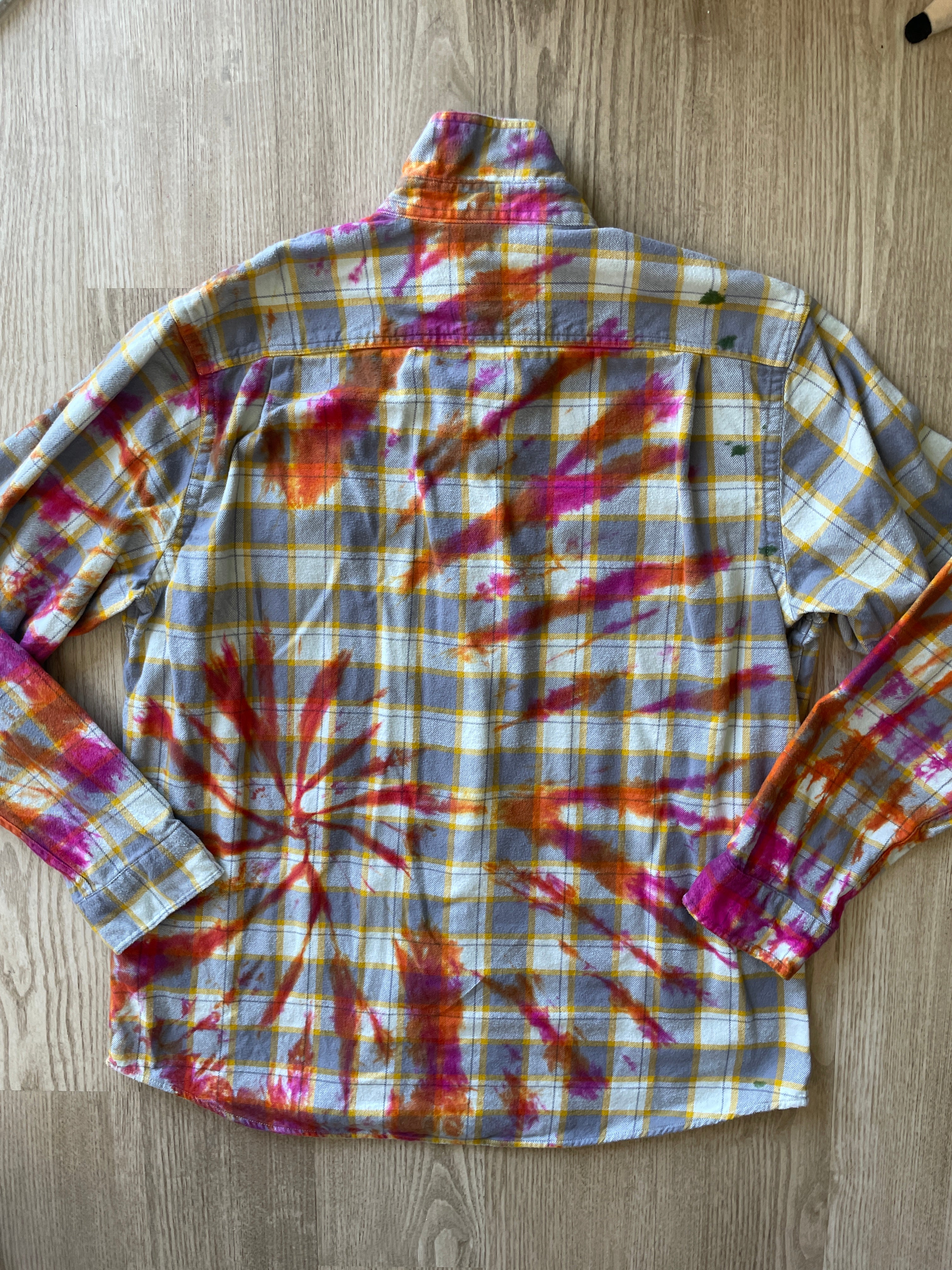 XL Men’s Yellow, White, Orange, and Pink Handmade Tie Dye Flannel Shirt | One-Of-a-Kind Upcycled Long Sleeve