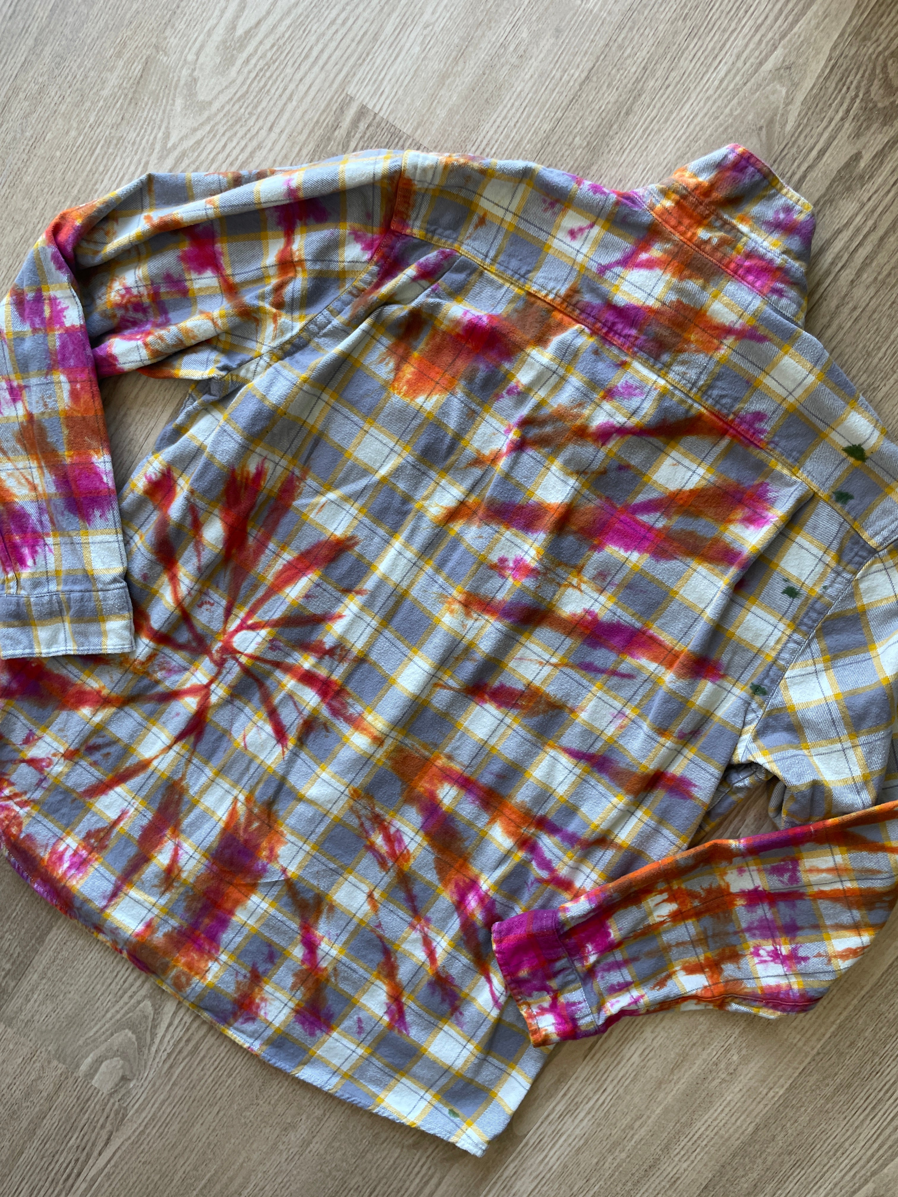 XL Men’s Yellow, White, Orange, and Pink Handmade Tie Dye Flannel Shirt | One-Of-a-Kind Upcycled Long Sleeve