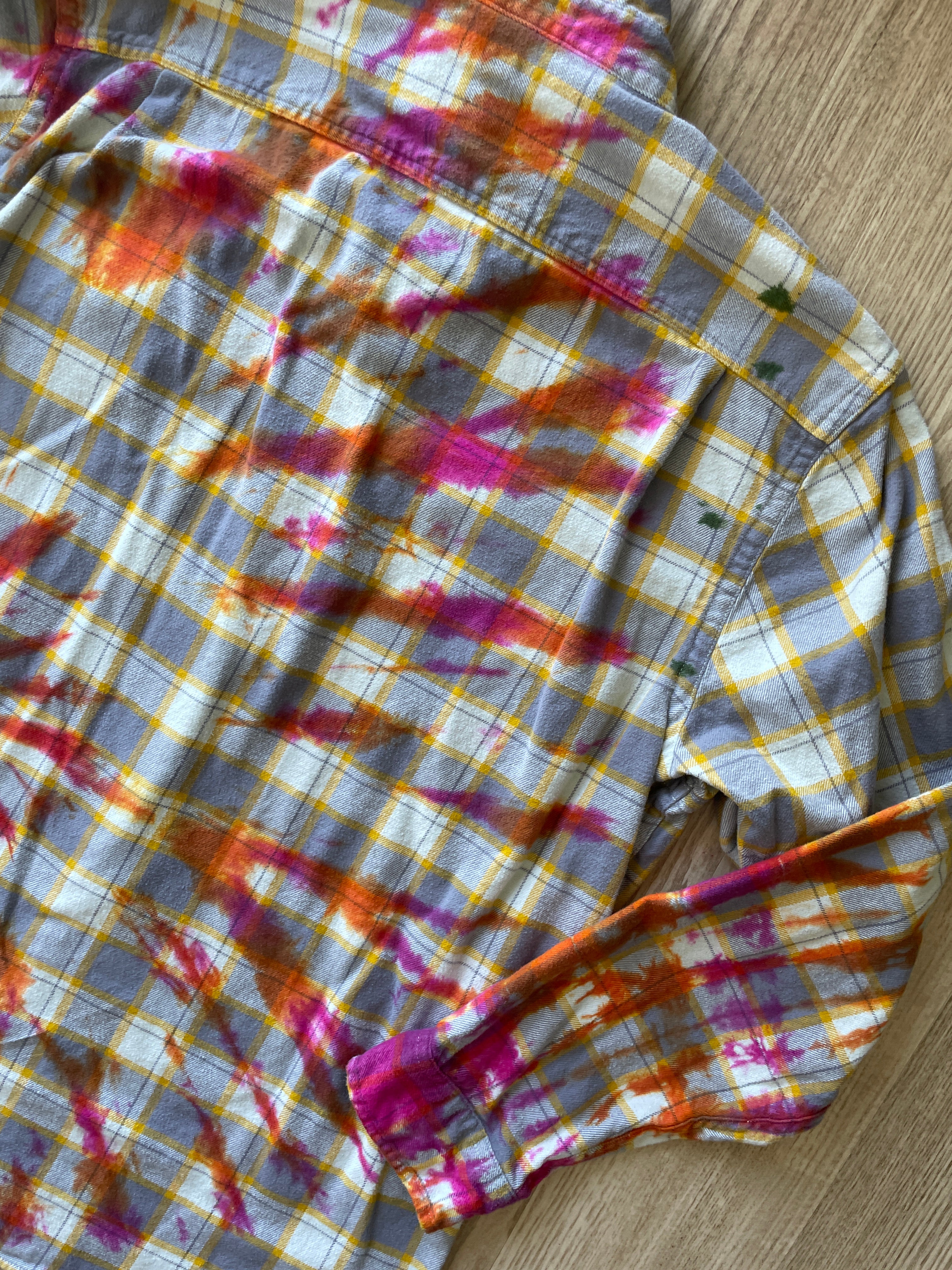 XL Men’s Yellow, White, Orange, and Pink Handmade Tie Dye Flannel Shirt | One-Of-a-Kind Upcycled Long Sleeve