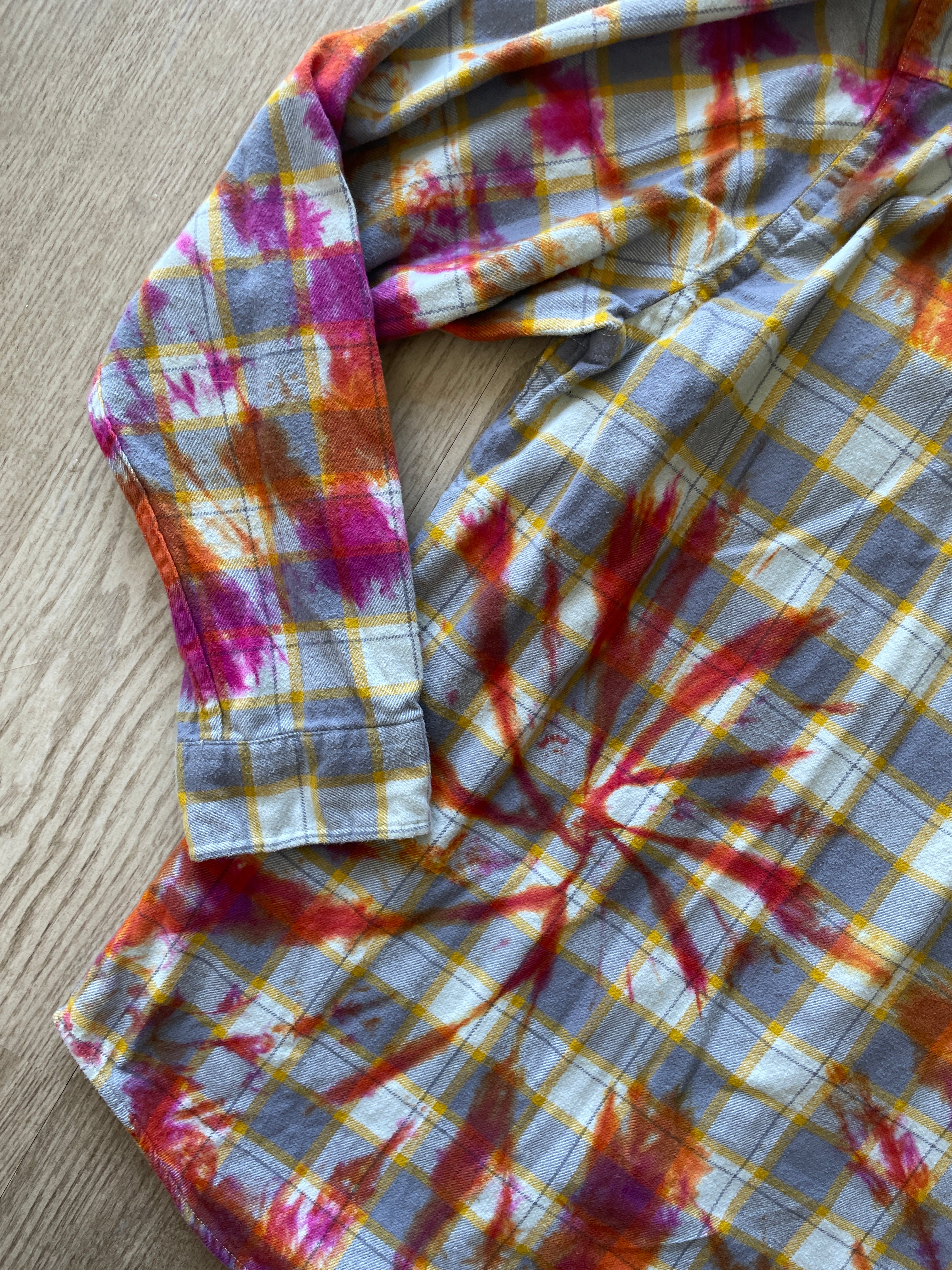 XL Men’s Yellow, White, Orange, and Pink Handmade Tie Dye Flannel Shirt | One-Of-a-Kind Upcycled Long Sleeve