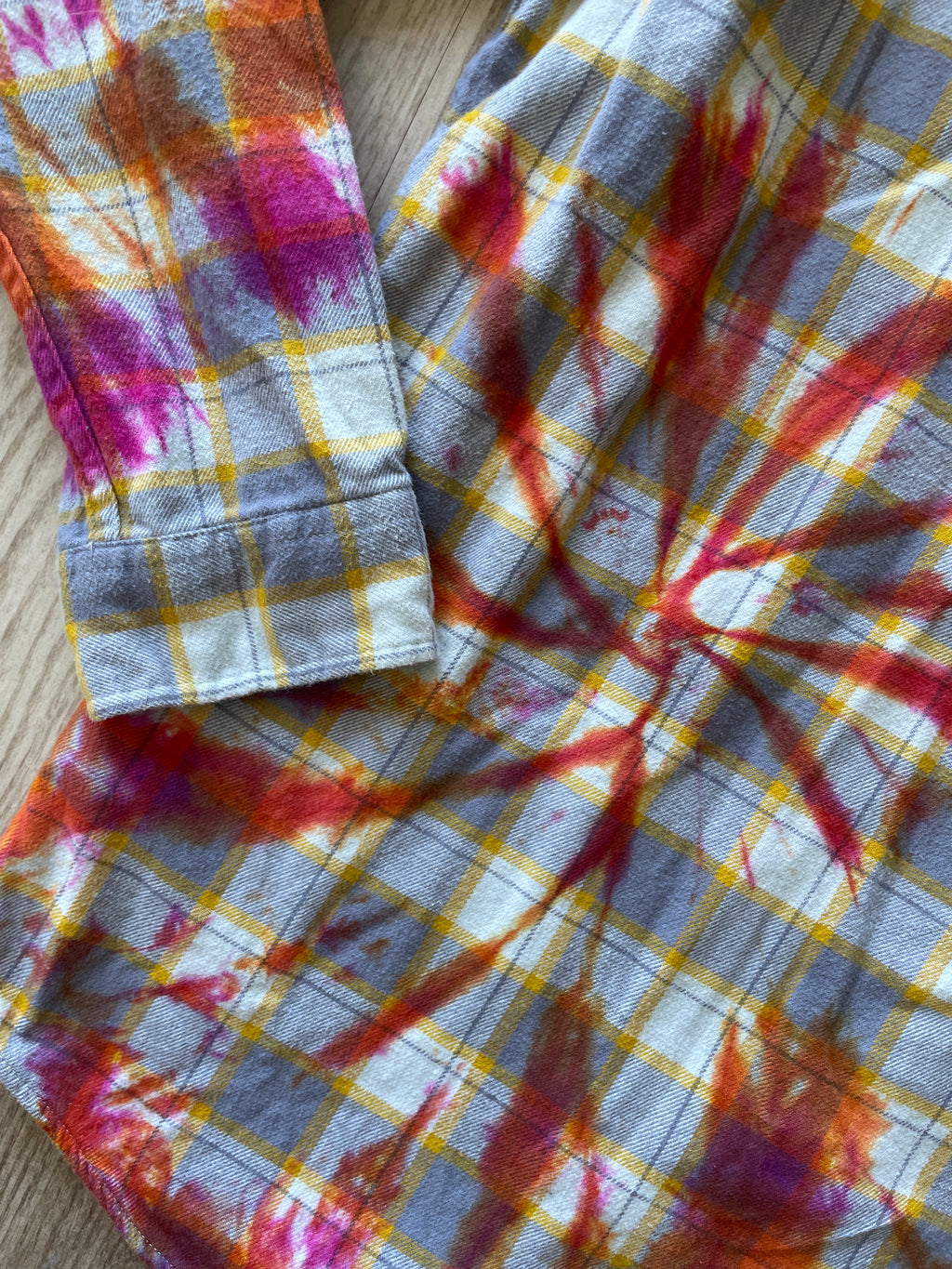 XL Men’s Yellow, White, Orange, and Pink Handmade Tie Dye Flannel Shirt | One-Of-a-Kind Upcycled Long Sleeve