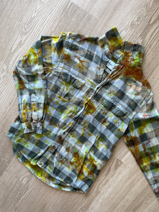 MEDIUM Men’s Climbing Shoe Green, Yellow, and White Handmade Tie Dye Flannel Shirt | One-Of-a-Kind Upcycled Long Sleeve