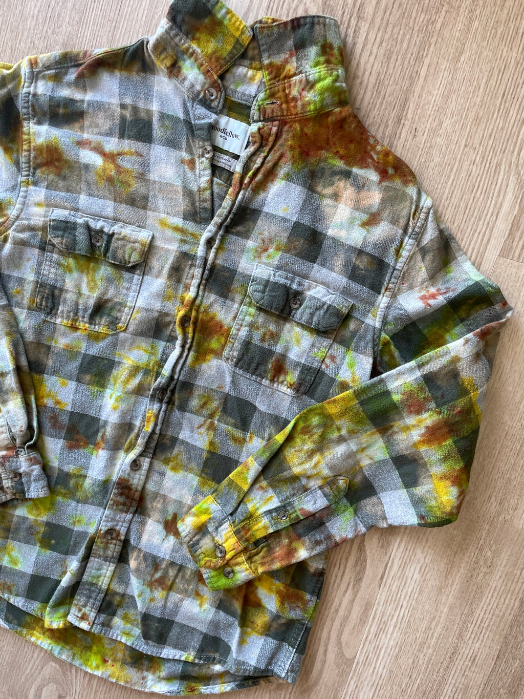 MEDIUM Men’s Climbing Shoe Green, Yellow, and White Handmade Tie Dye Flannel Shirt | One-Of-a-Kind Upcycled Long Sleeve