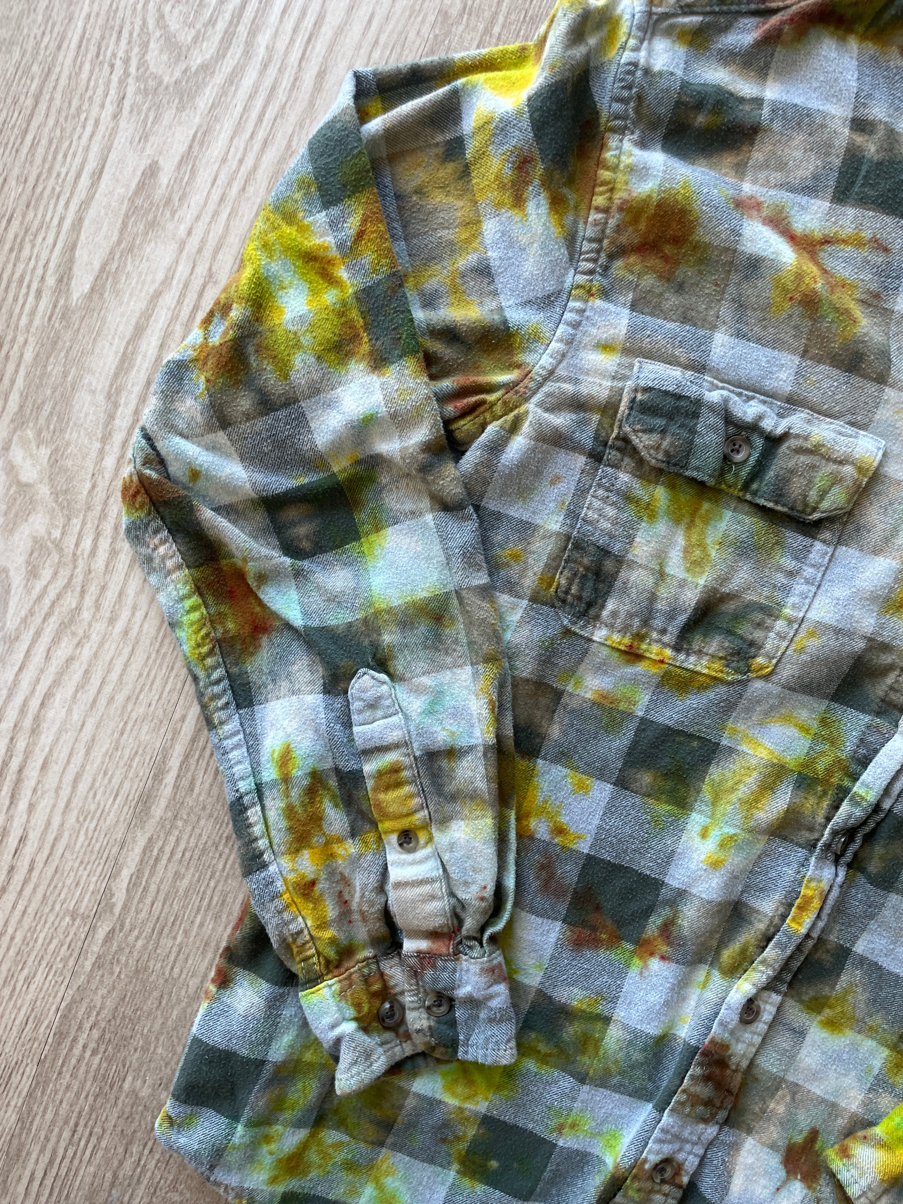 MEDIUM Men’s Climbing Shoe Green, Yellow, and White Handmade Tie Dye Flannel Shirt | One-Of-a-Kind Upcycled Long Sleeve
