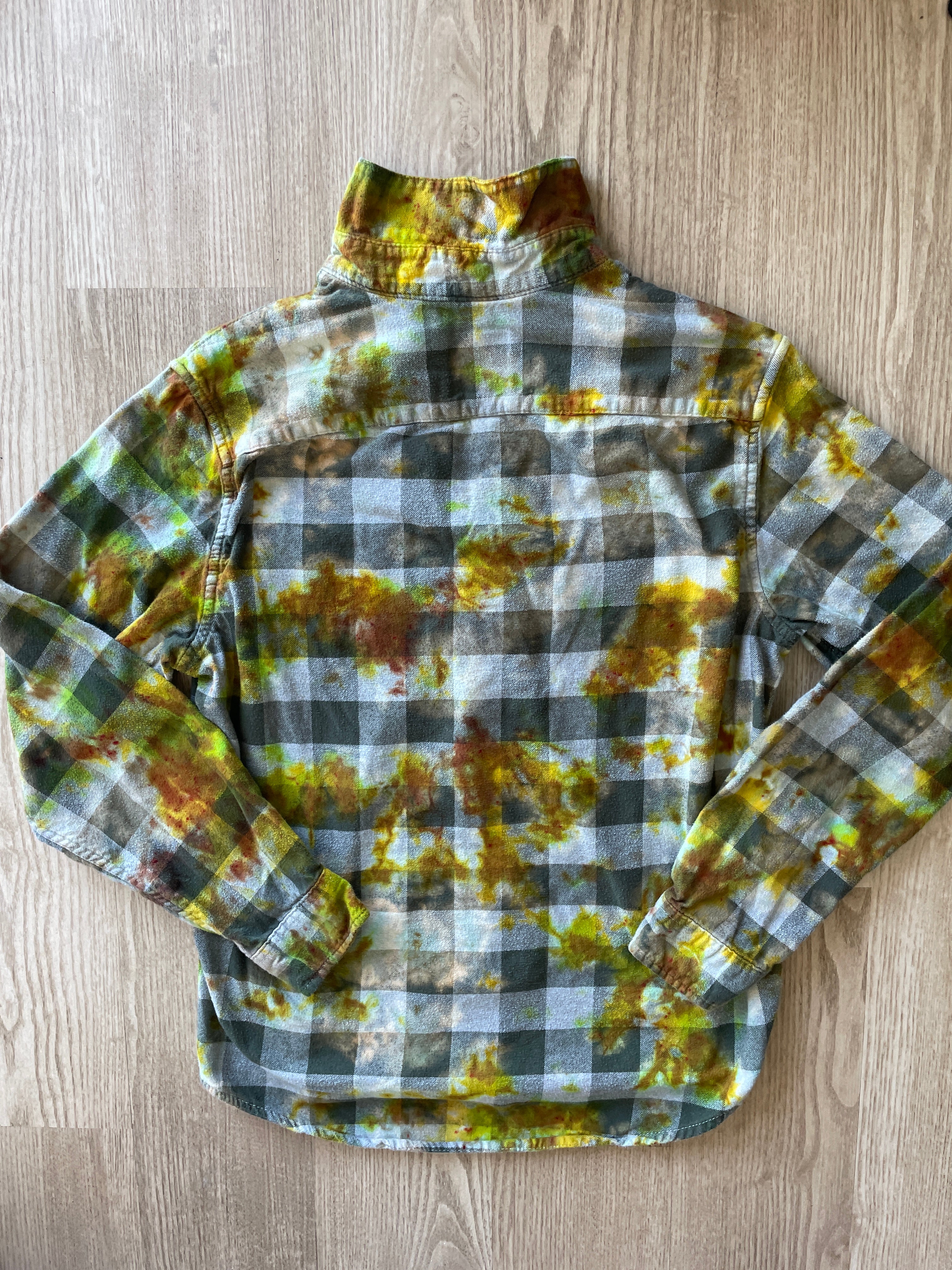 MEDIUM Men’s Climbing Shoe Green, Yellow, and White Handmade Tie Dye Flannel Shirt | One-Of-a-Kind Upcycled Long Sleeve
