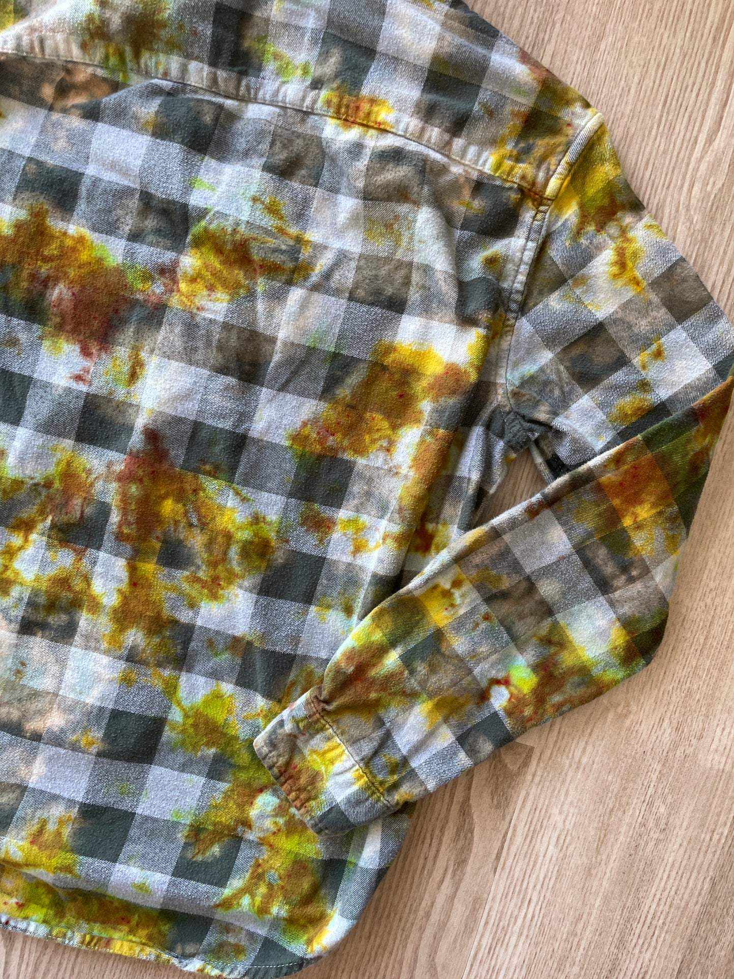 MEDIUM Men’s Climbing Shoe Green, Yellow, and White Handmade Tie Dye Flannel Shirt | One-Of-a-Kind Upcycled Long Sleeve