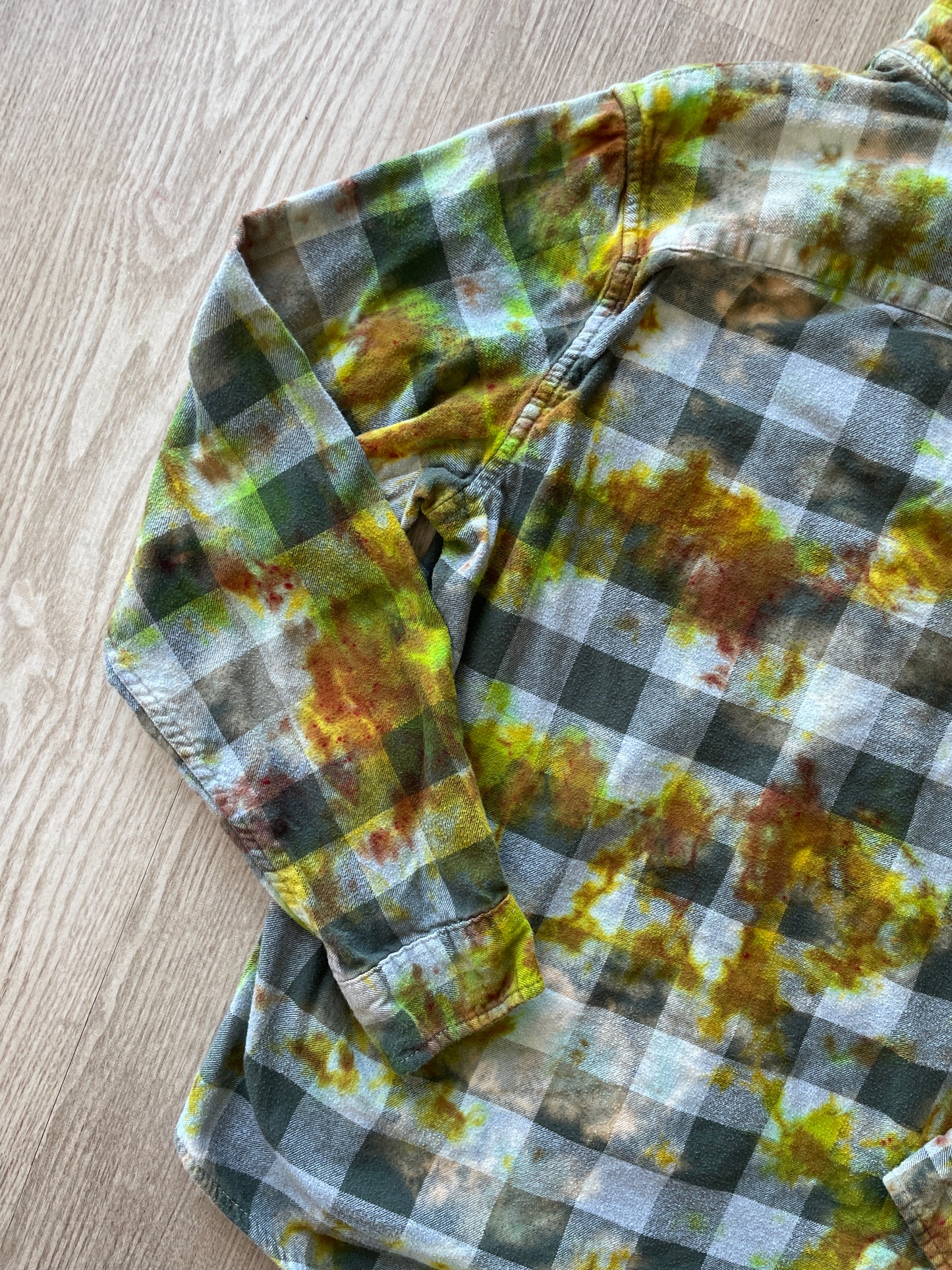 MEDIUM Men’s Climbing Shoe Green, Yellow, and White Handmade Tie Dye Flannel Shirt | One-Of-a-Kind Upcycled Long Sleeve