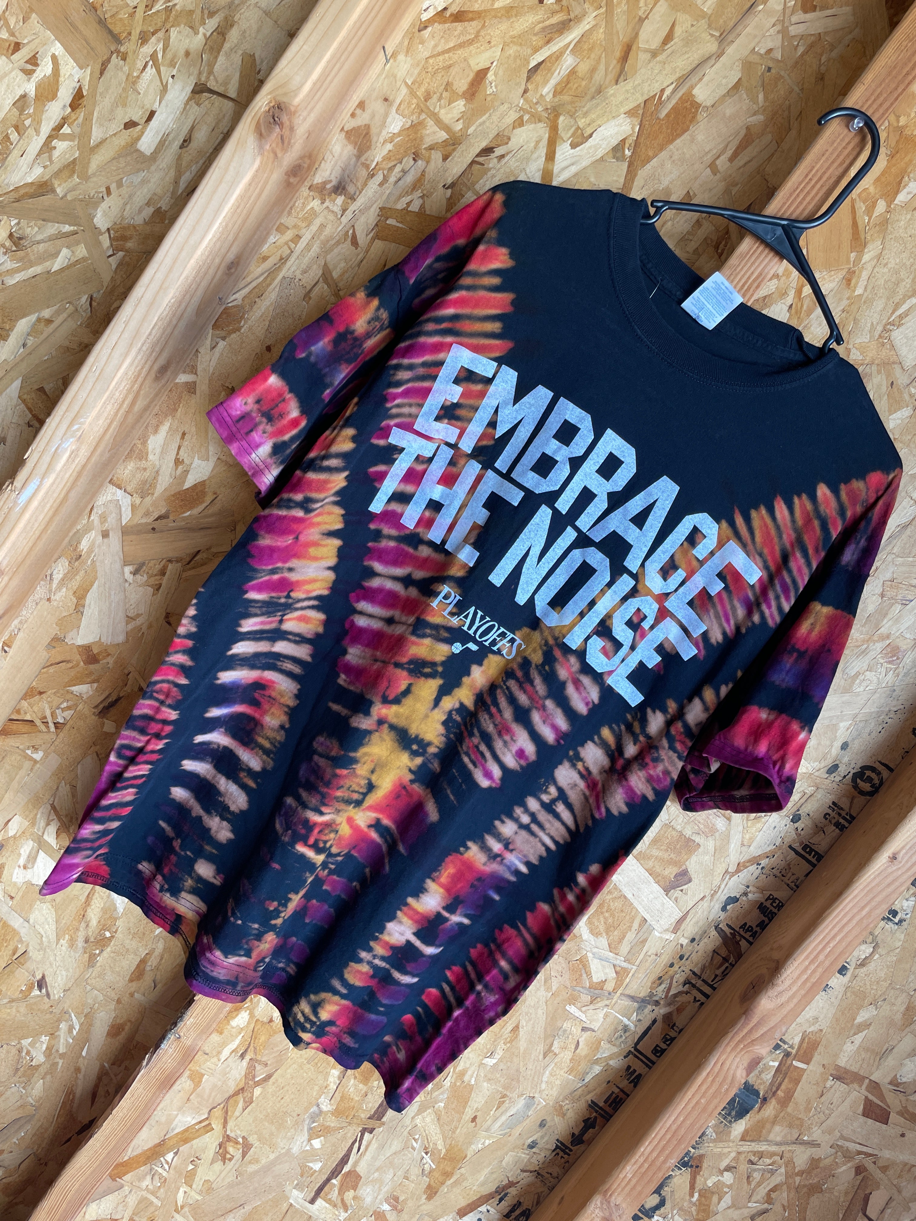 XL Men’s Utah Jazz Embrace the Noise Handmade Tie Dye T-Shirt | NBA Playoffs Black, Red, and Orange V-Pleated Tie Dye Short Sleeve