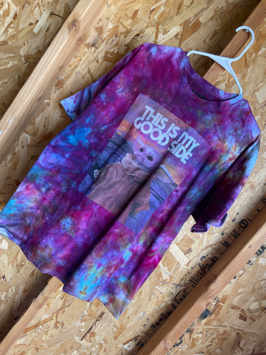 XL Men’s This Is My Good Side Handmade Tie Dye T-Shirt | Star Wars Baby Yoda Galaxy Tie Dye Short Sleeve