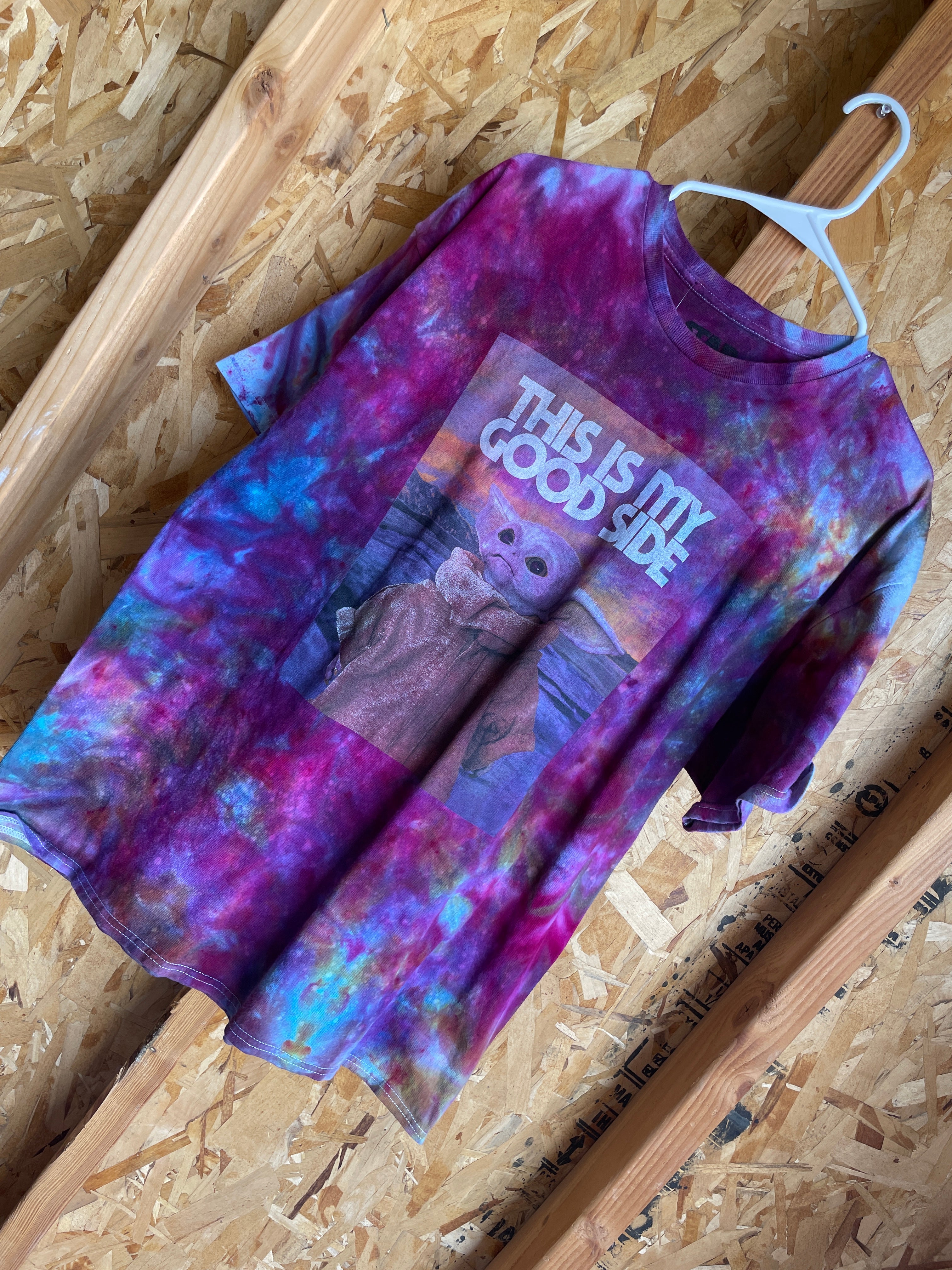 XL Men’s This Is My Good Side Handmade Tie Dye T-Shirt | Star Wars Baby Yoda Galaxy Tie Dye Short Sleeve