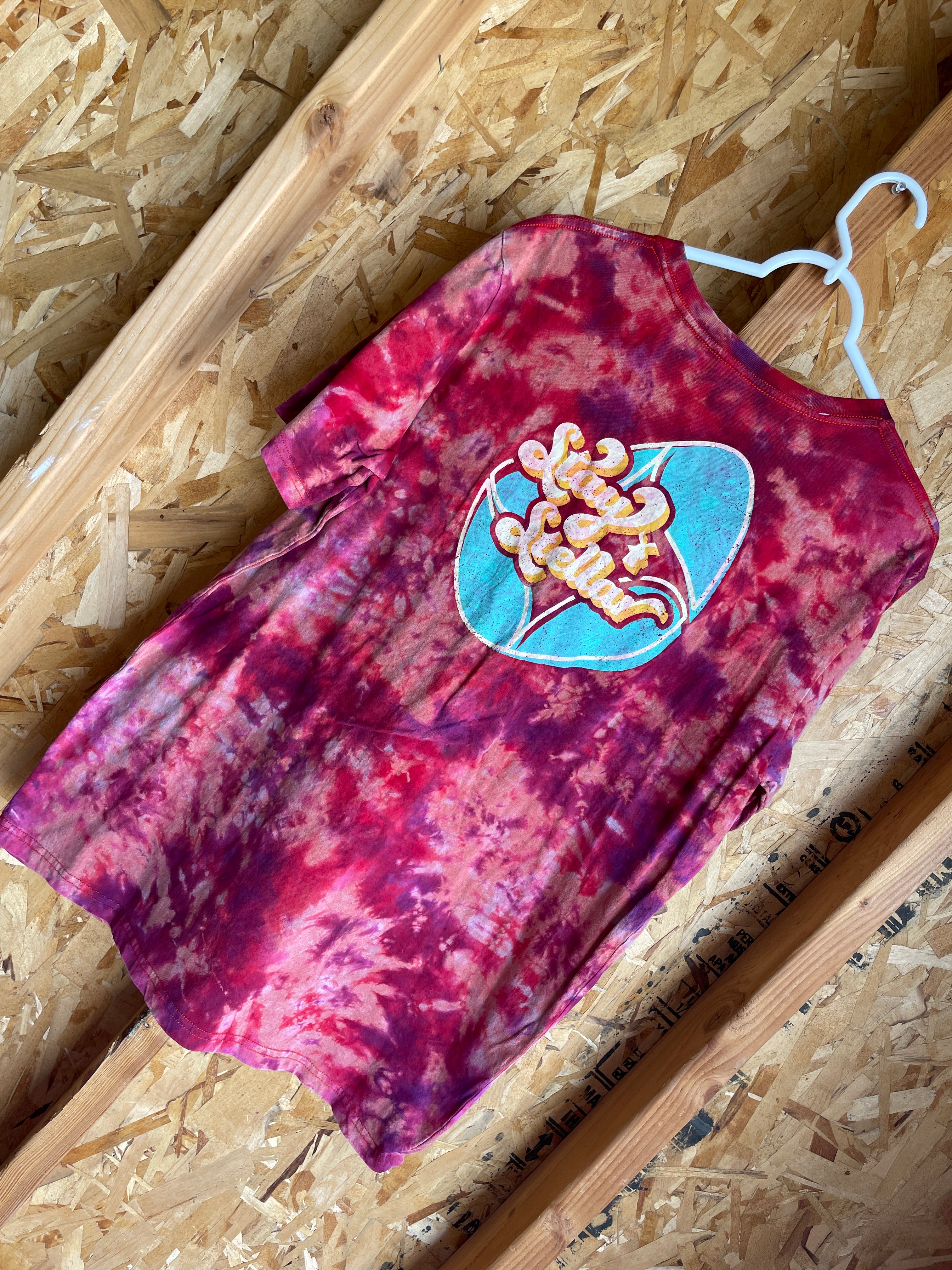 XL Men’s Dutch Bros Coffee Stay Stellar Handmade Tie Dye T-Shirt | Orange, Red, and Purple Crumpled Tie Dye Short Sleeve