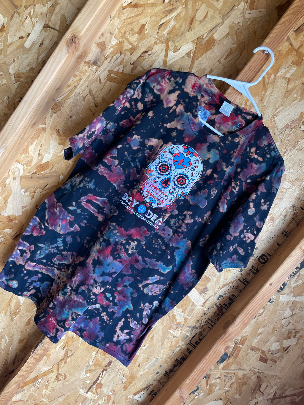 XL Men’s Sugar Skull Day of the Dead Handmade Tie Dye T-Shirt | Black, Red, and Purple Crumpled Tie Dye Short Sleeve