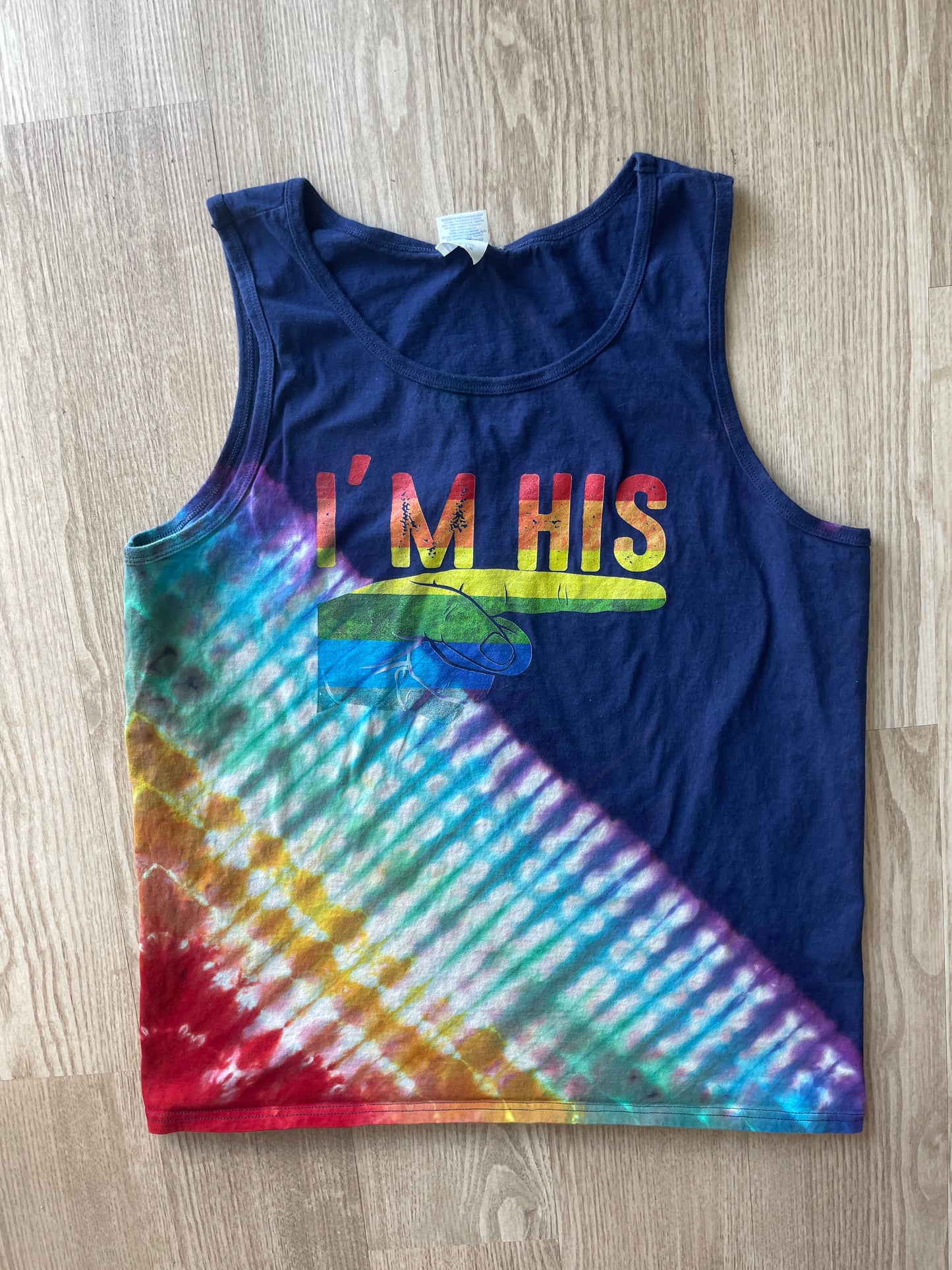 MEDIUM Men’s I'm His PRIDE Handmade Tie Dye Tank Top | One-Of-a-Kind Rainbow Short Sleeve
