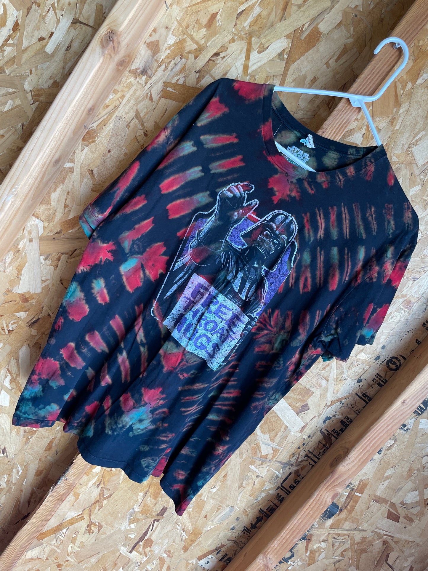2XL Men’s Darth Vader Free Throat Hugs Handmade Tie Dye T-Shirt | Star Wars Black, Red, and Blue Pleated Tie Dye Short Sleeve