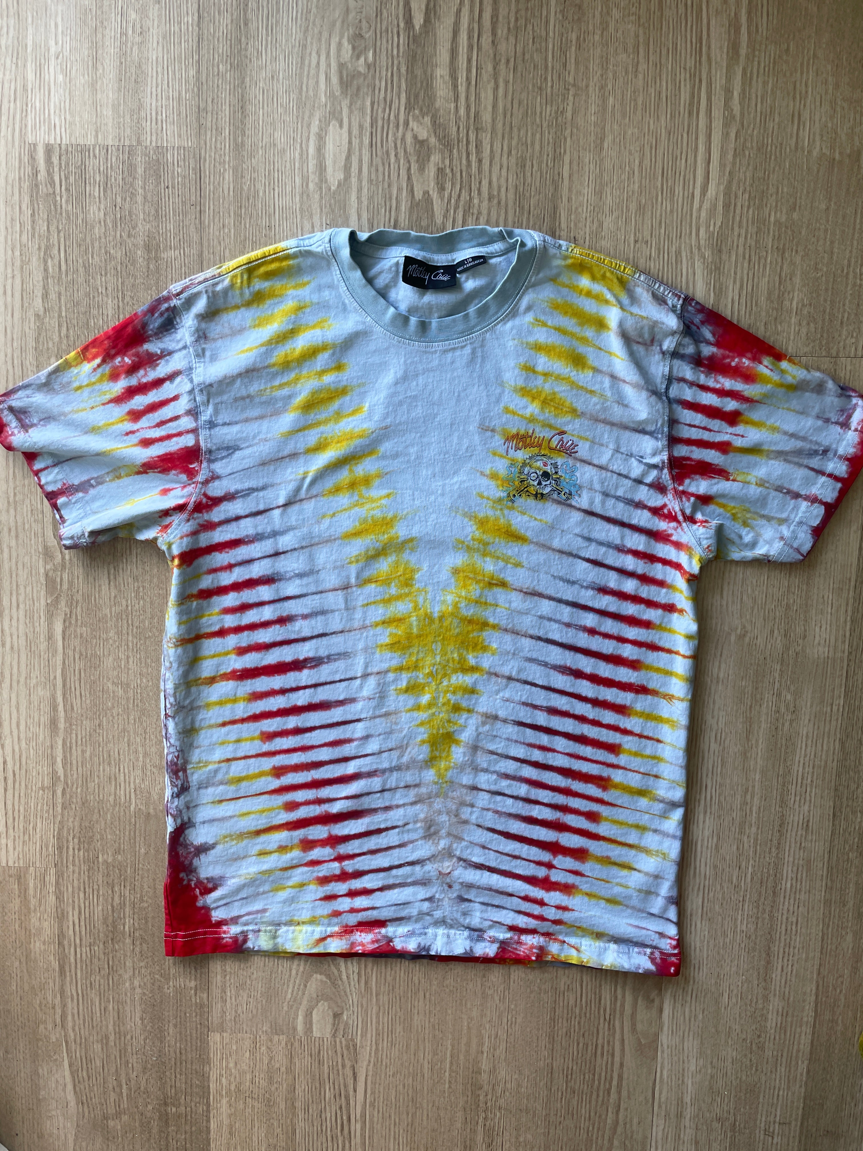 LARGE Men’s Motley Crue Girls! Girls! Girls! Handmade Tie Dye T-Shirt | One-Of-a-Kind Yellow and Red Short Sleeve