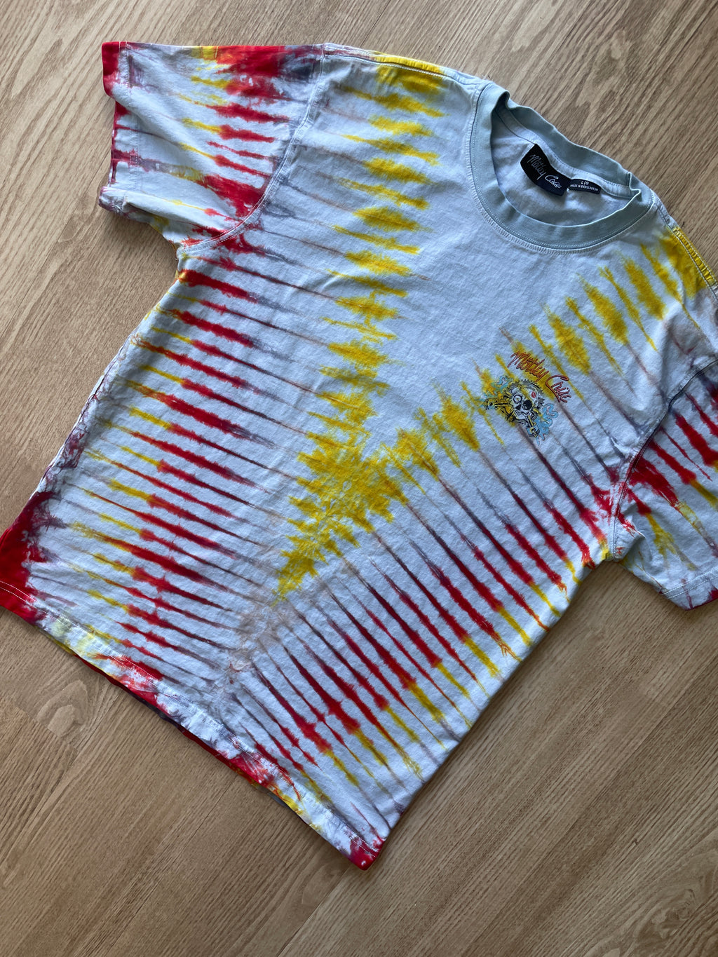 LARGE Men’s Motley Crue Girls! Girls! Girls! Handmade Tie Dye T-Shirt | One-Of-a-Kind Yellow and Red Short Sleeve