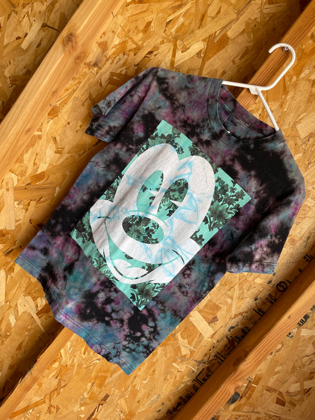 XS Men’s Mickey Mouse Handmade Tie Dye T-Shirt | Black and Pastel Reverse Tie Dye Short Sleeve