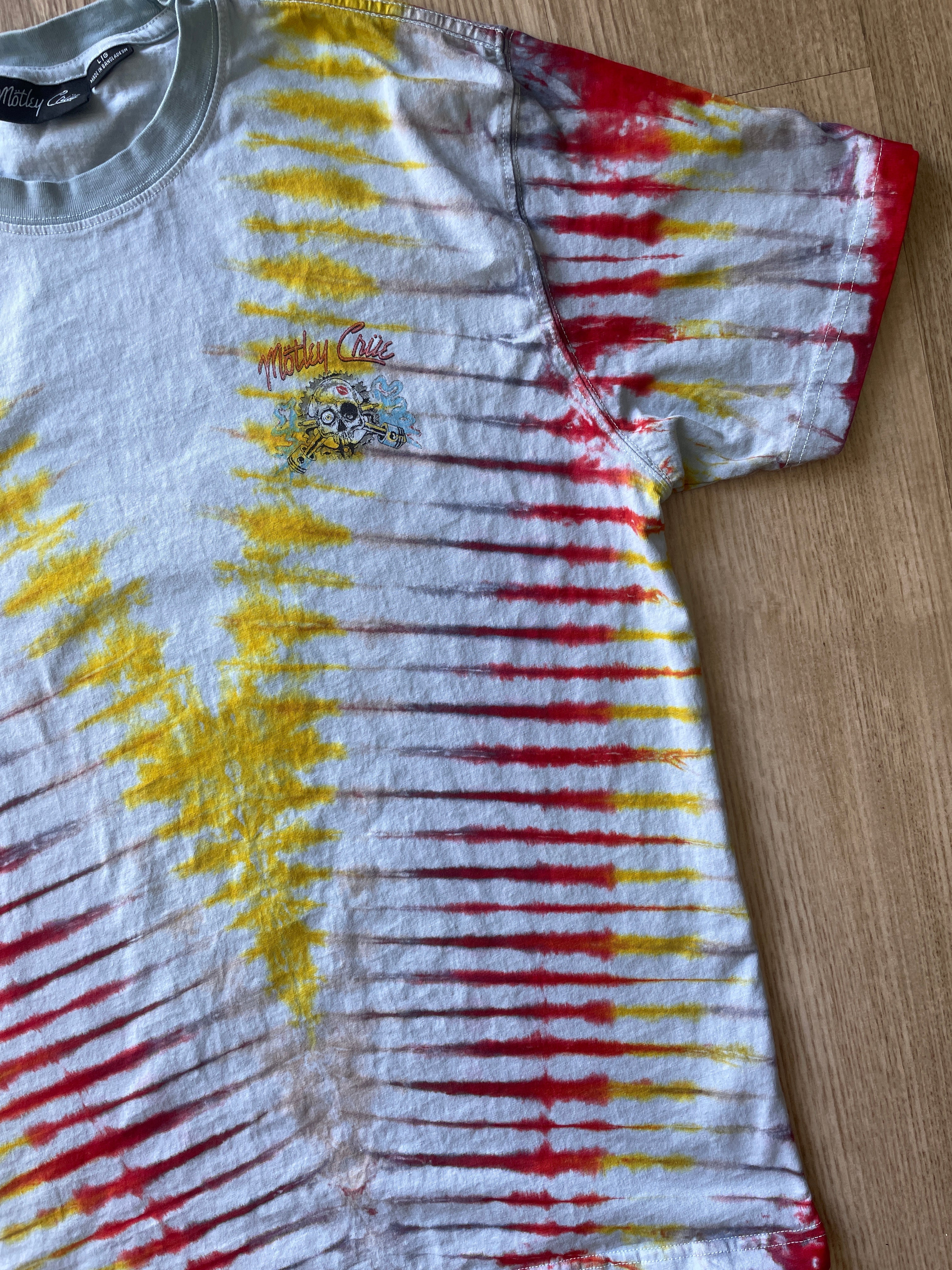 LARGE Men’s Motley Crue Girls! Girls! Girls! Handmade Tie Dye T-Shirt | One-Of-a-Kind Yellow and Red Short Sleeve