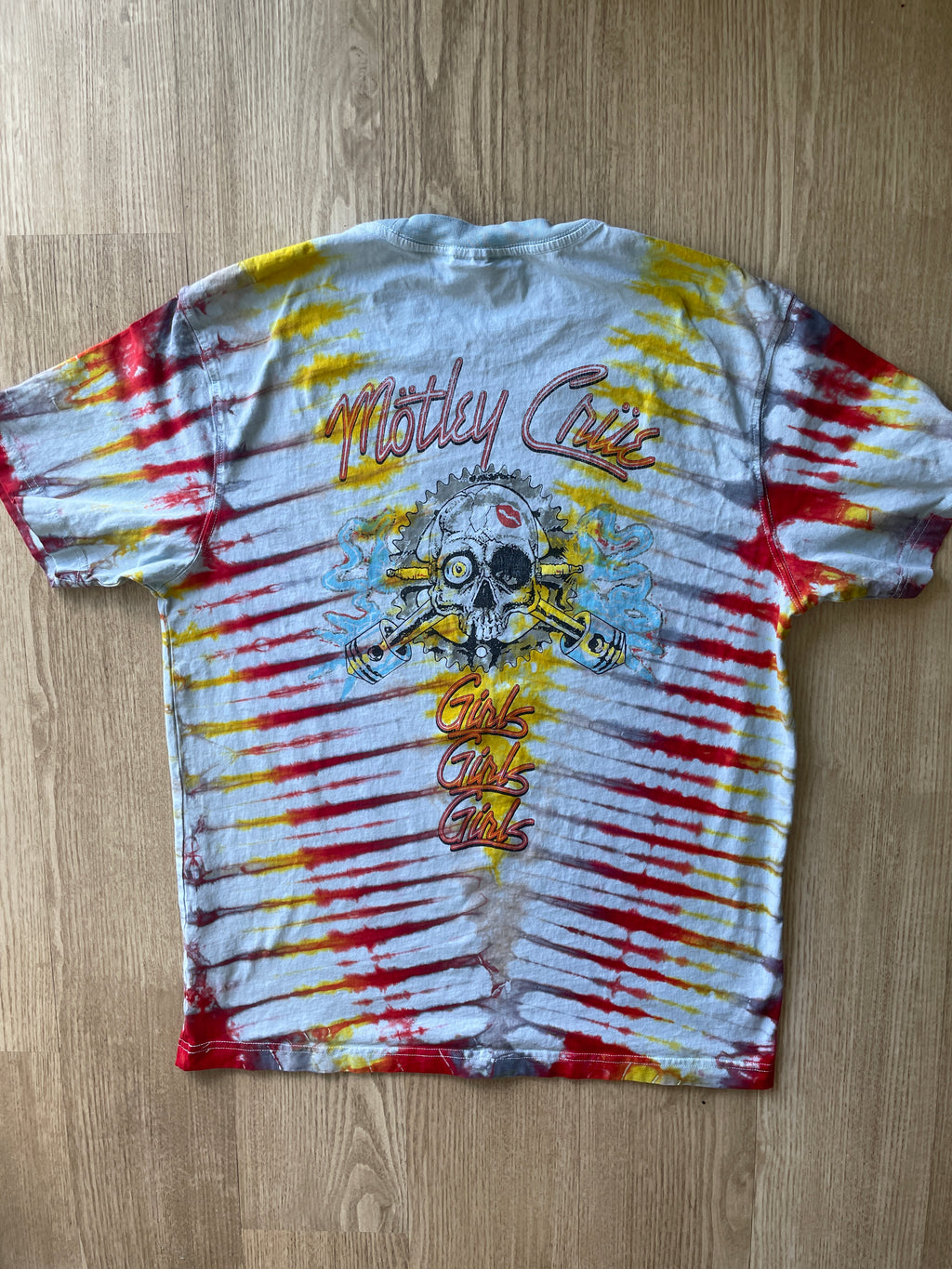 LARGE Men’s Motley Crue Girls! Girls! Girls! Handmade Tie Dye T-Shirt | One-Of-a-Kind Yellow and Red Short Sleeve