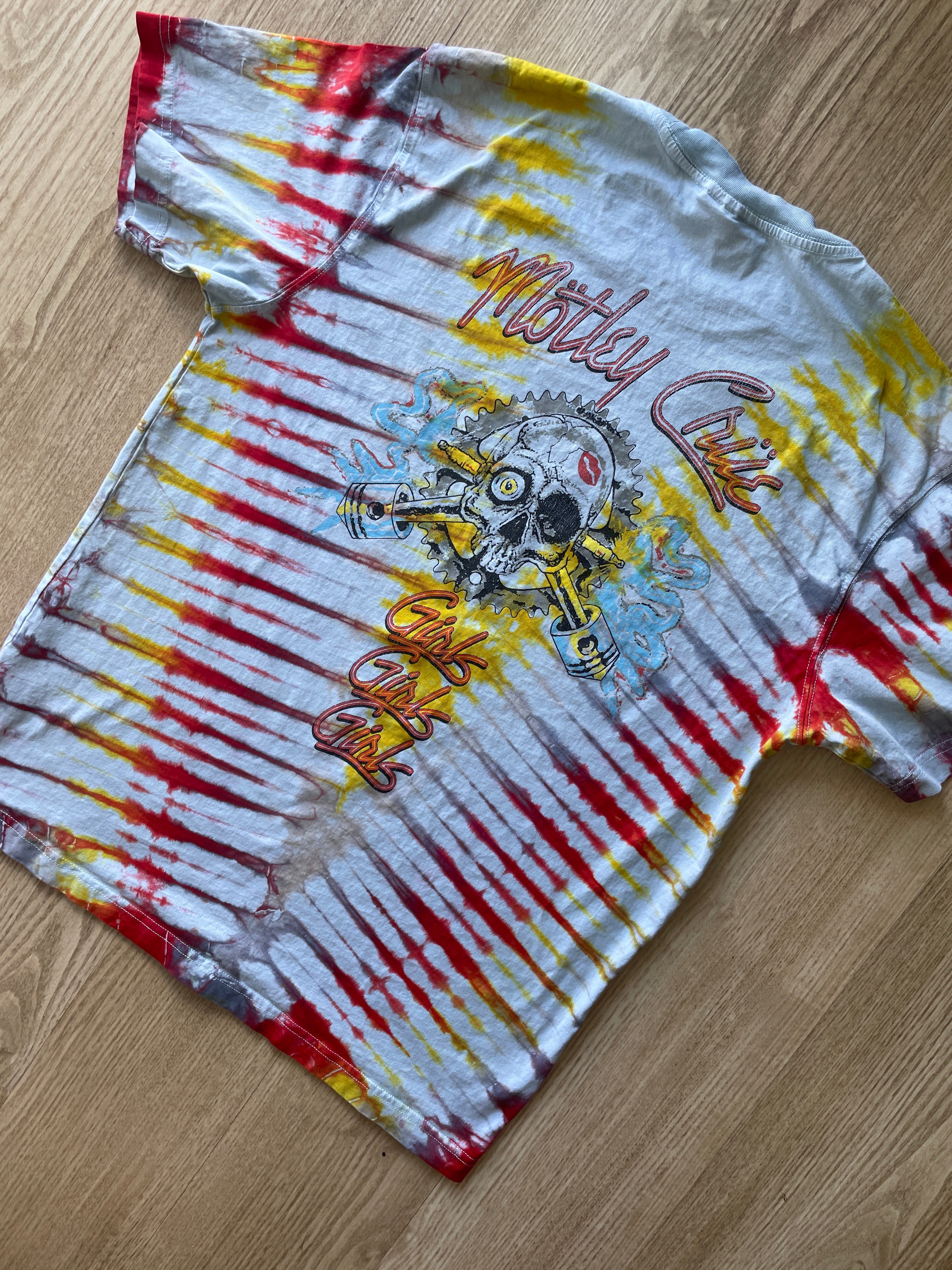 LARGE Men’s Motley Crue Girls! Girls! Girls! Handmade Tie Dye T-Shirt | One-Of-a-Kind Yellow and Red Short Sleeve