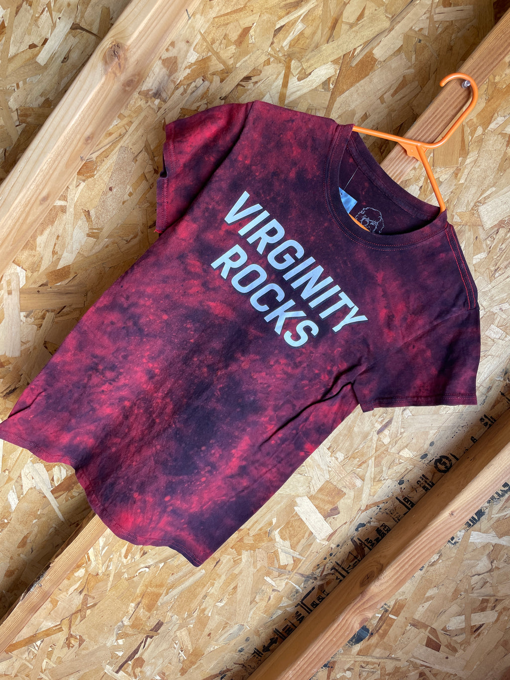 Small Men’s Virginity Rocks Handmade Tie Dye T-Shirt | Red and Black Crumpled Tie Dye Short Sleeve