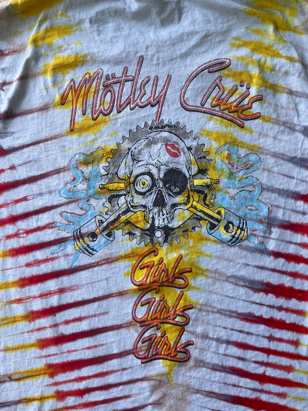 LARGE Men’s Motley Crue Girls! Girls! Girls! Handmade Tie Dye T-Shirt | One-Of-a-Kind Yellow and Red Short Sleeve