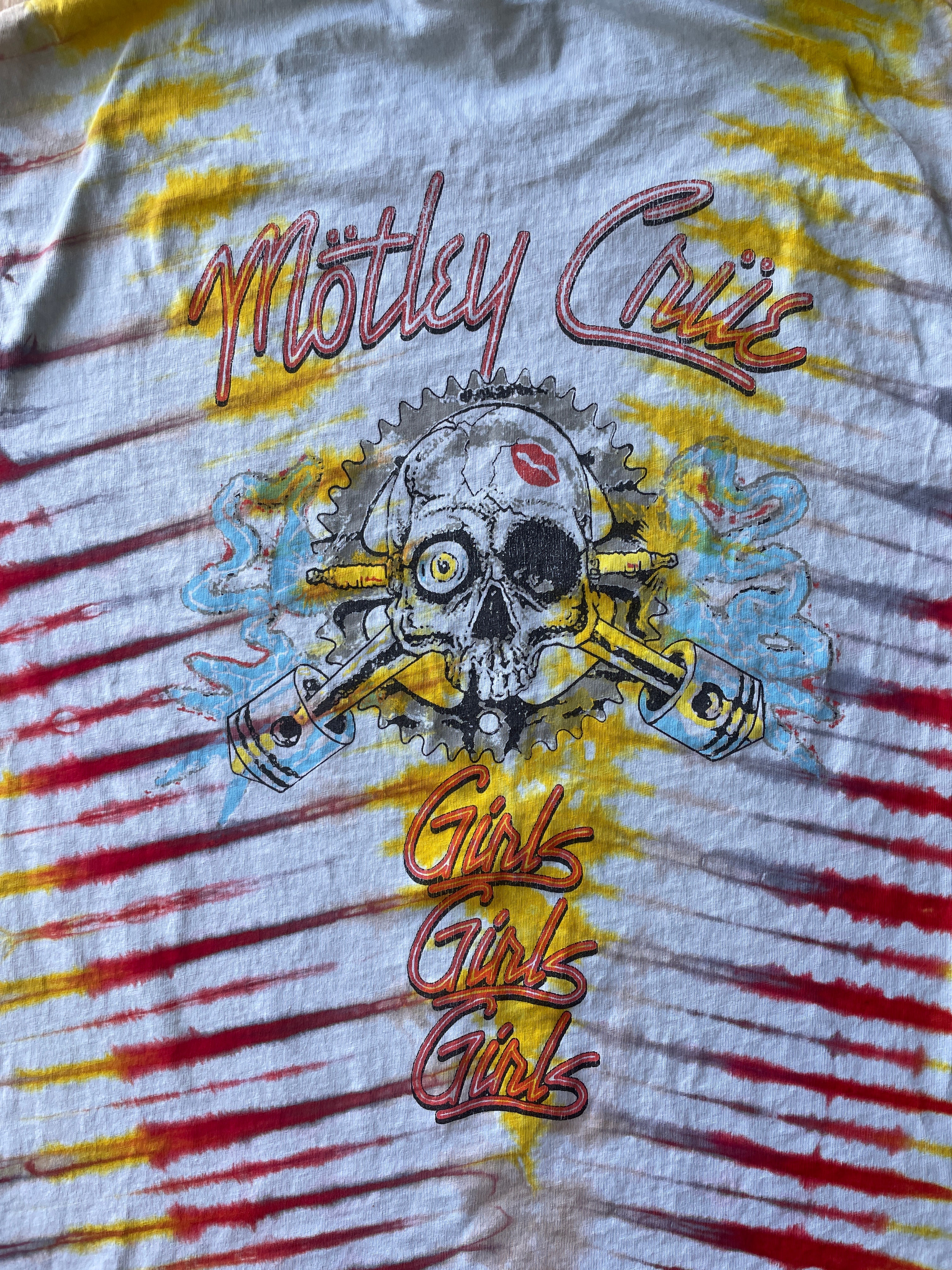 LARGE Men’s Motley Crue Girls! Girls! Girls! Handmade Tie Dye T-Shirt | One-Of-a-Kind Yellow and Red Short Sleeve