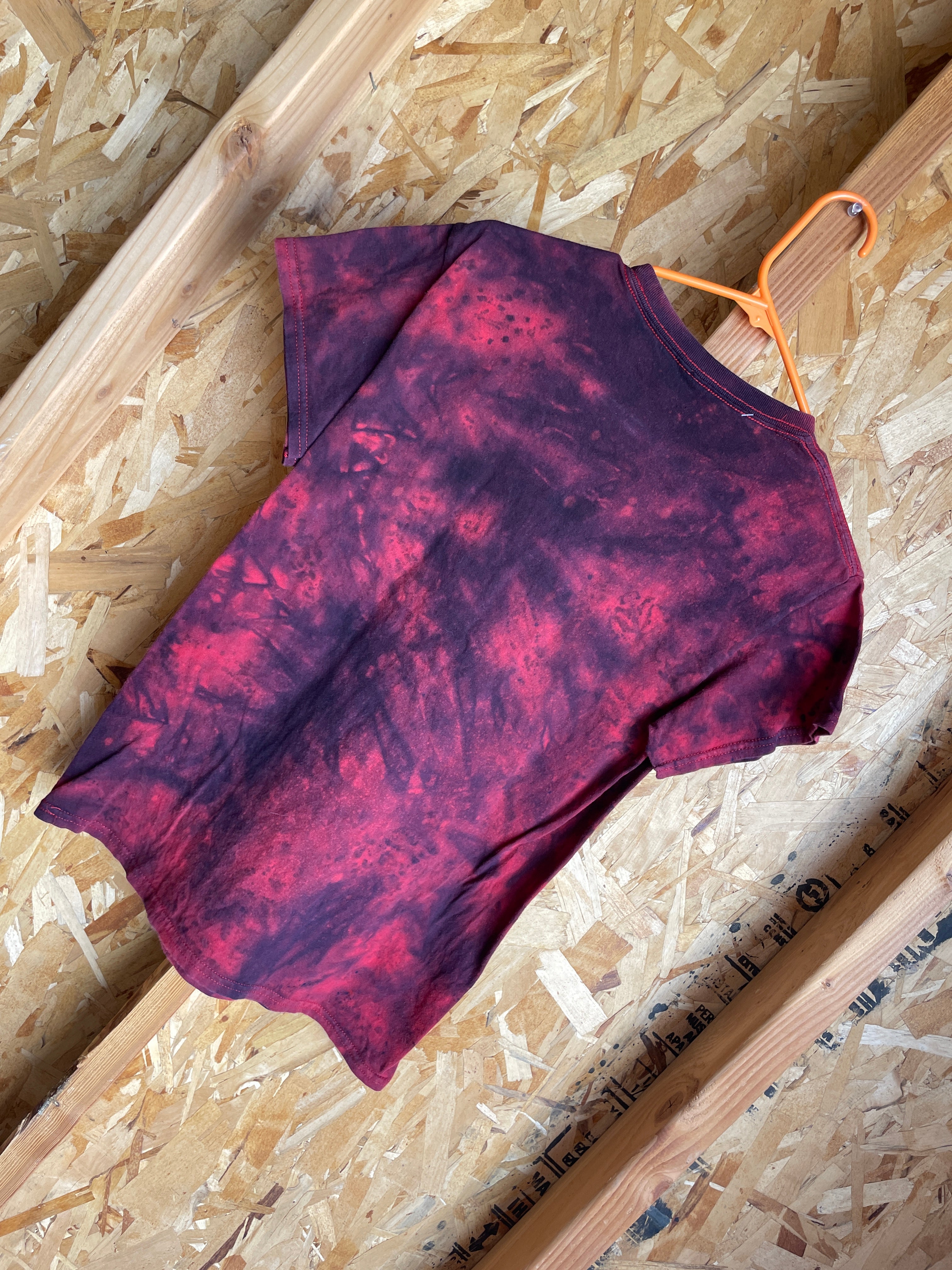 Small Men’s Virginity Rocks Handmade Tie Dye T-Shirt | Red and Black Crumpled Tie Dye Short Sleeve