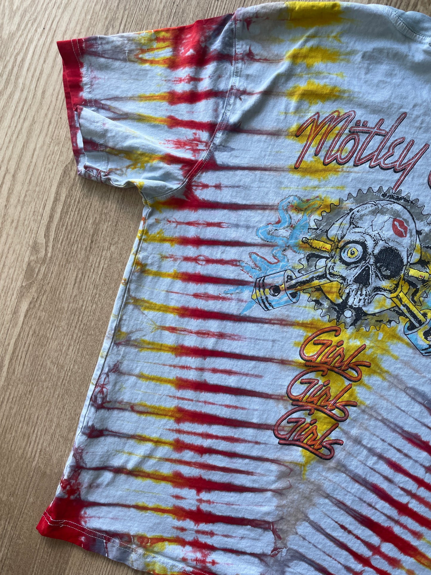LARGE Men’s Motley Crue Girls! Girls! Girls! Handmade Tie Dye T-Shirt | One-Of-a-Kind Yellow and Red Short Sleeve