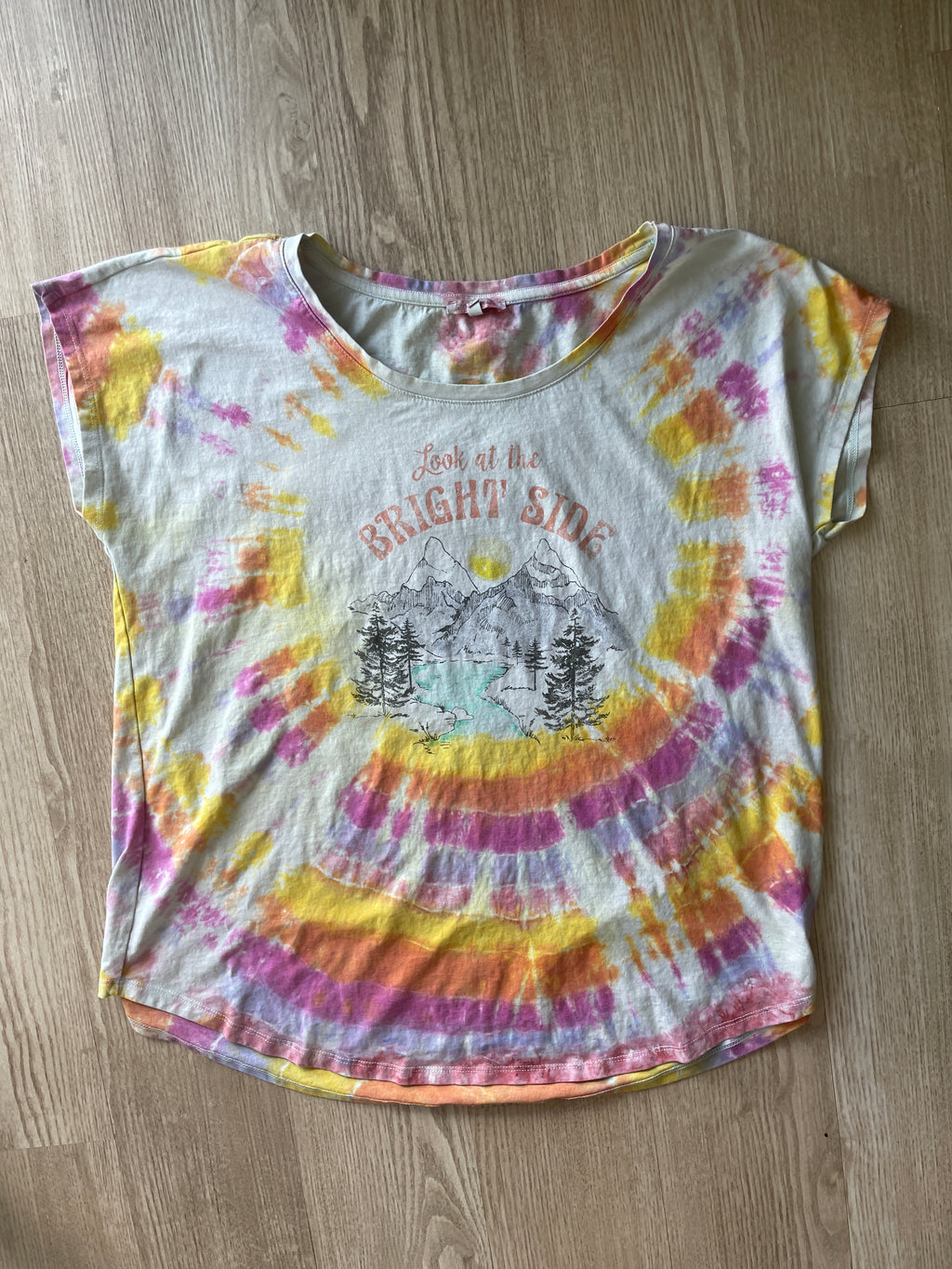 2XL Women’s Look at the Bright Sides Mountains Handmade Tie Dye T-Shirt | One-Of-a-Kind Pastel Short Sleeve