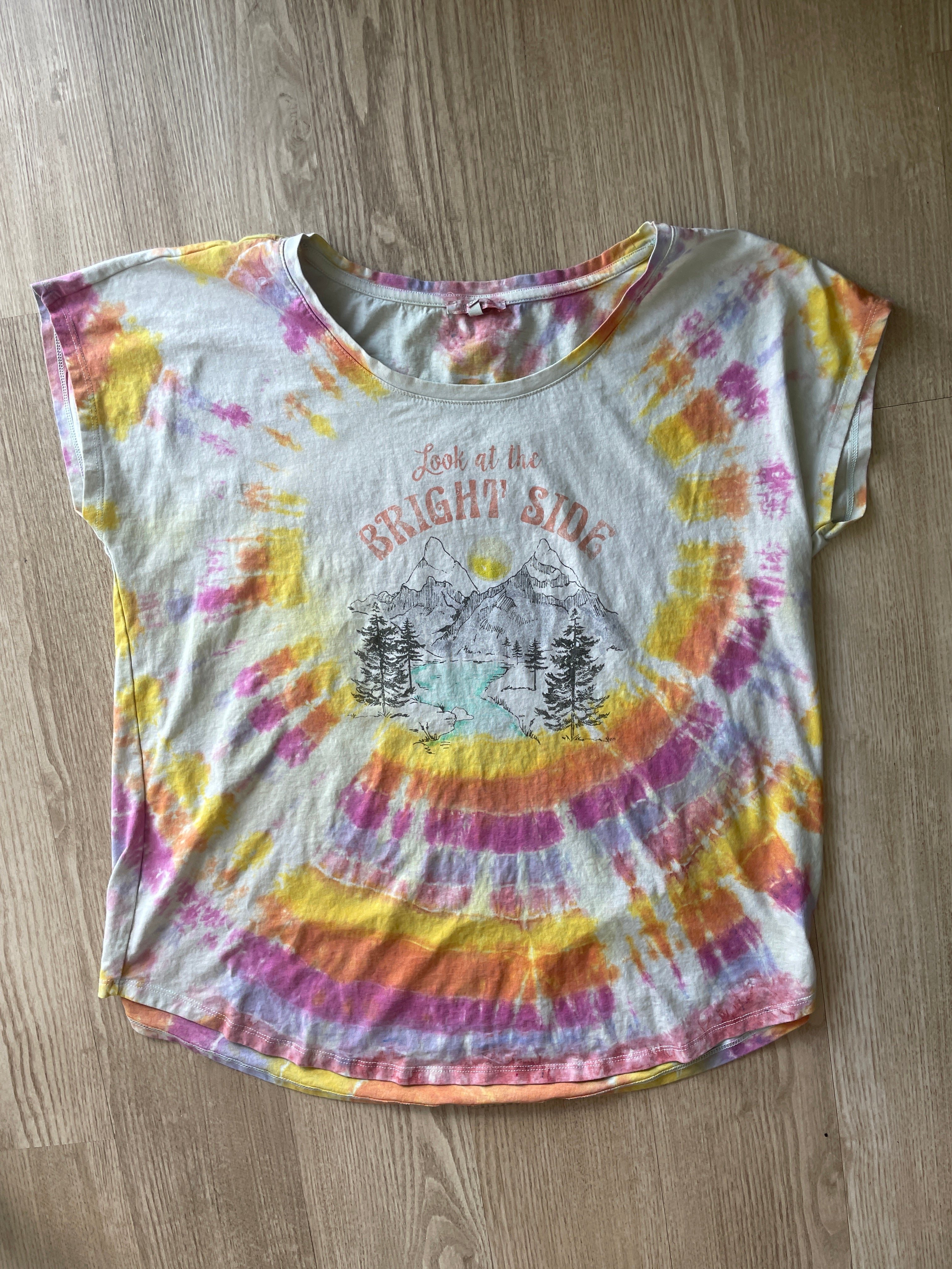 2XL Women’s Look at the Bright Sides Mountains Handmade Tie Dye T-Shirt | One-Of-a-Kind Pastel Short Sleeve