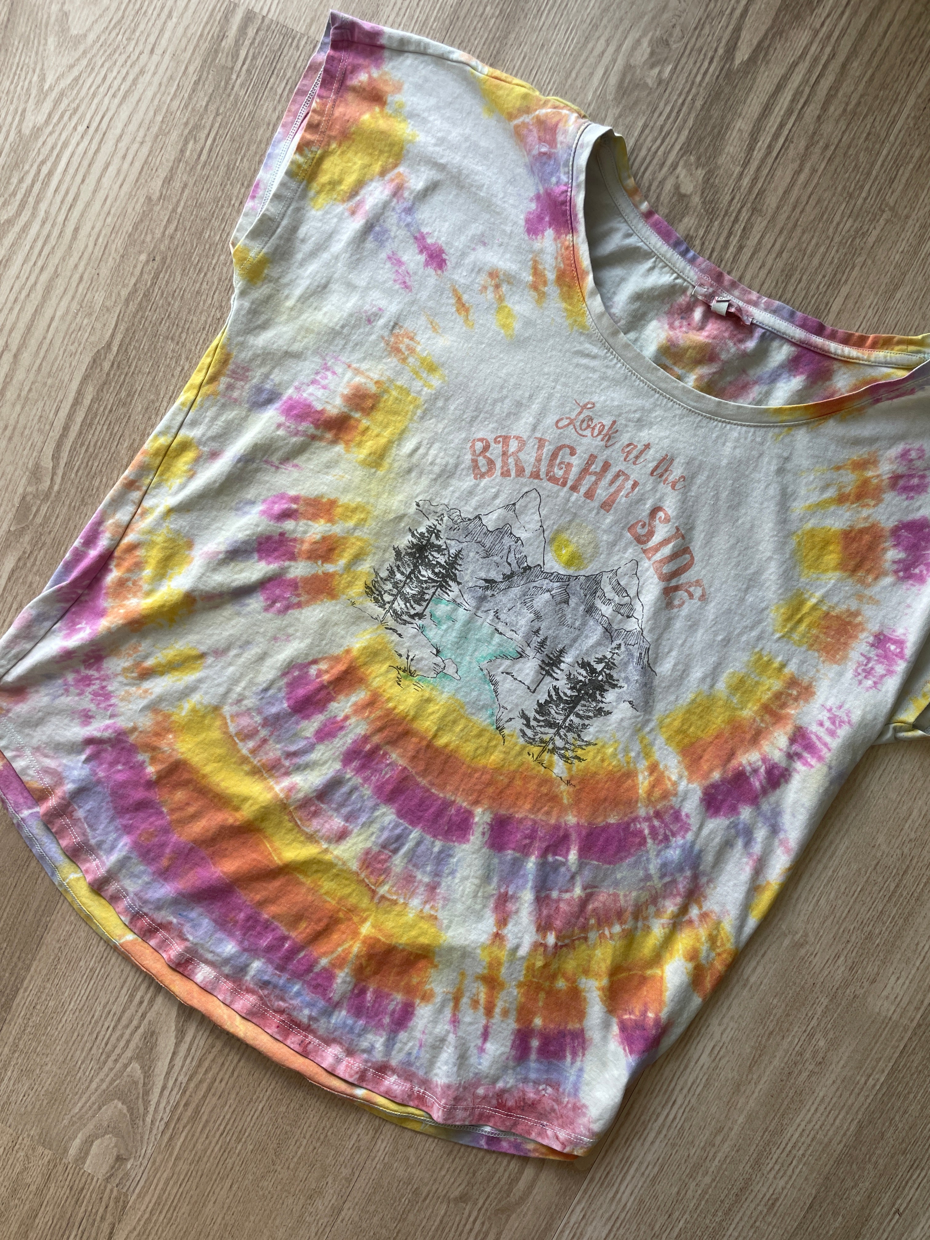2XL Women’s Look at the Bright Sides Mountains Handmade Tie Dye T-Shirt | One-Of-a-Kind Pastel Short Sleeve