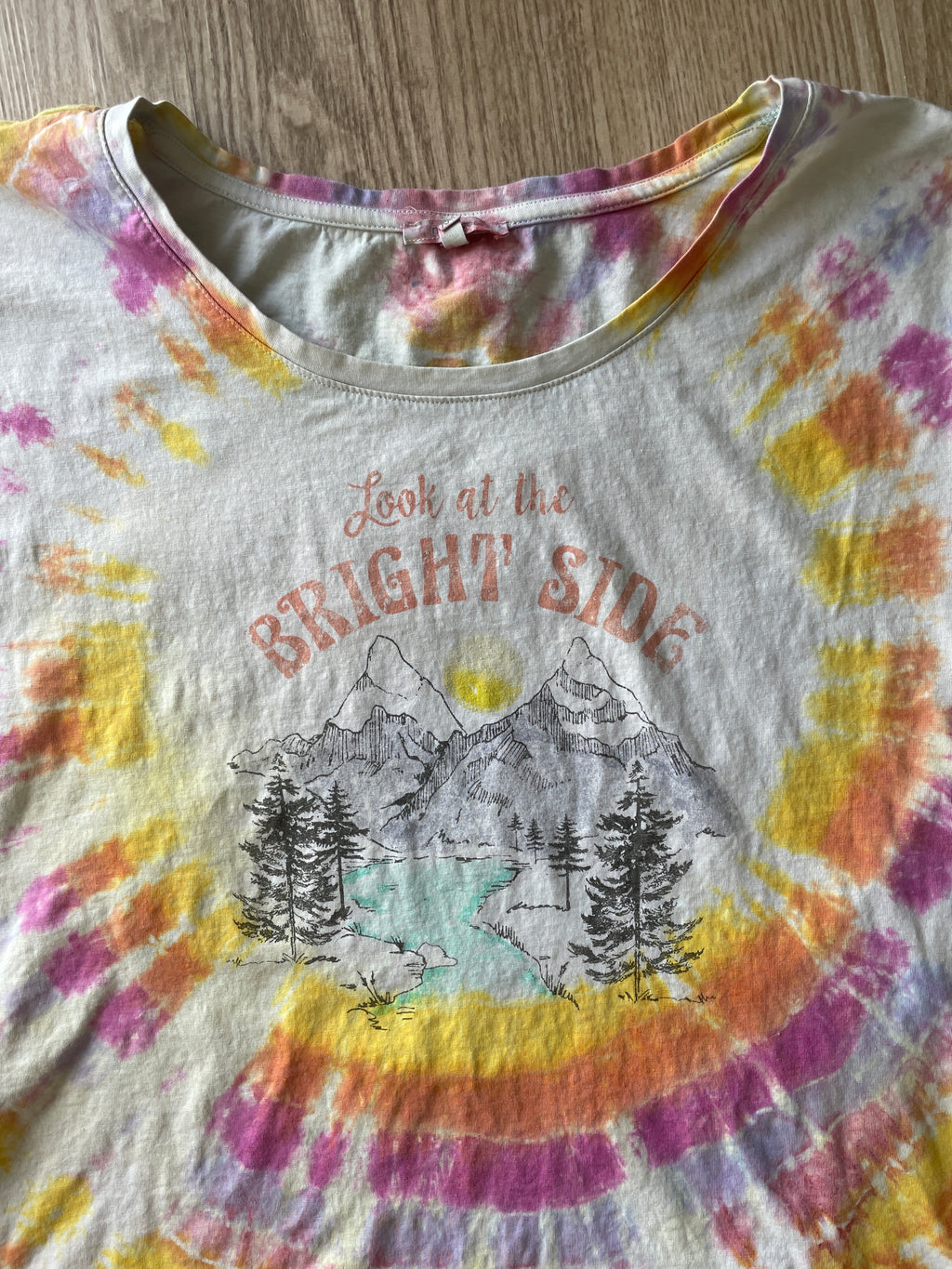 2XL Women’s Look at the Bright Sides Mountains Handmade Tie Dye T-Shirt | One-Of-a-Kind Pastel Short Sleeve