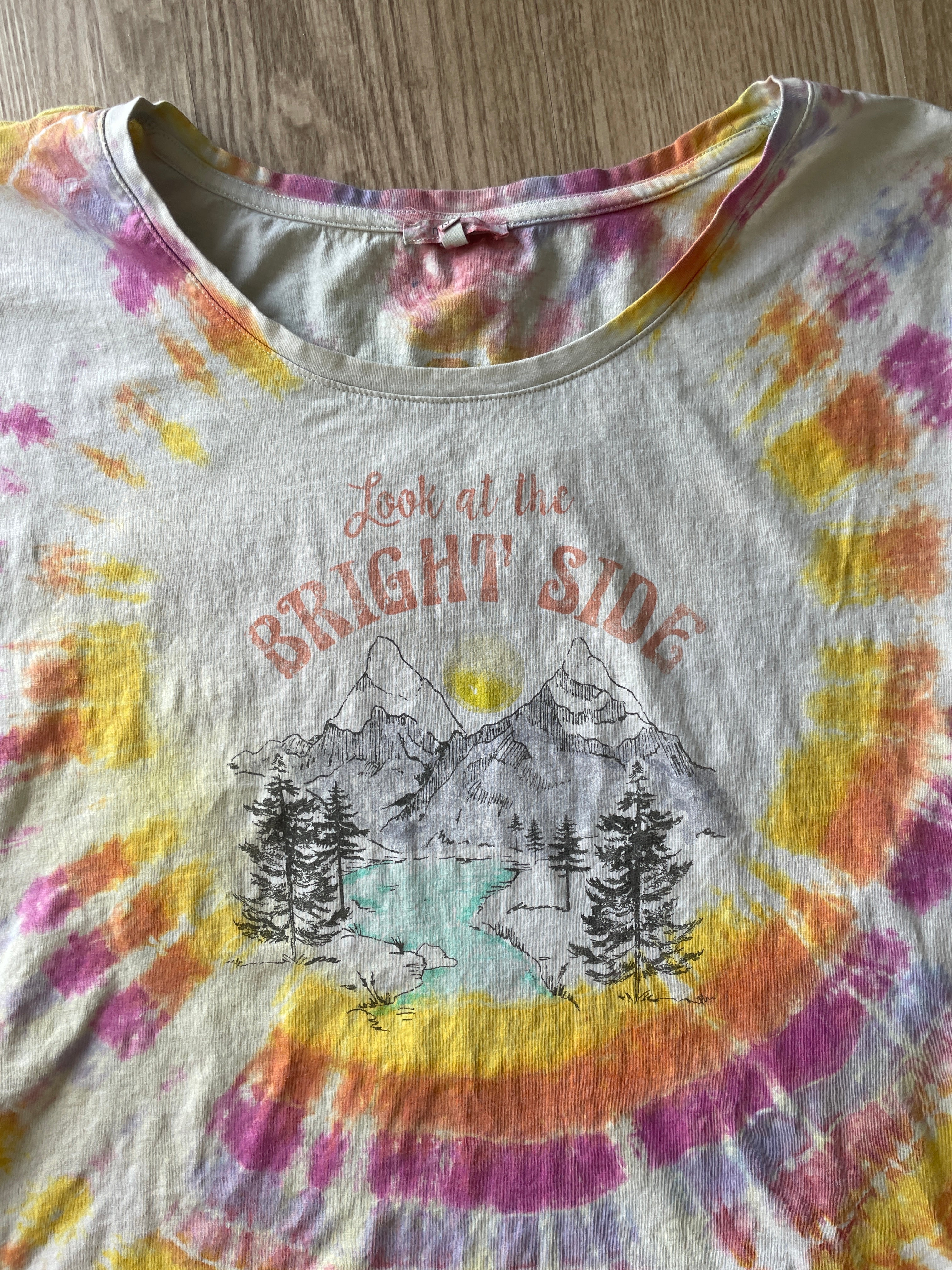 2XL Women’s Look at the Bright Sides Mountains Handmade Tie Dye T-Shirt | One-Of-a-Kind Pastel Short Sleeve