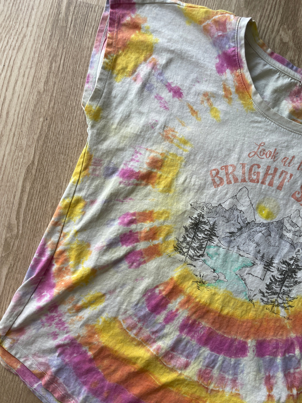 2XL Women’s Look at the Bright Sides Mountains Handmade Tie Dye T-Shirt | One-Of-a-Kind Pastel Short Sleeve