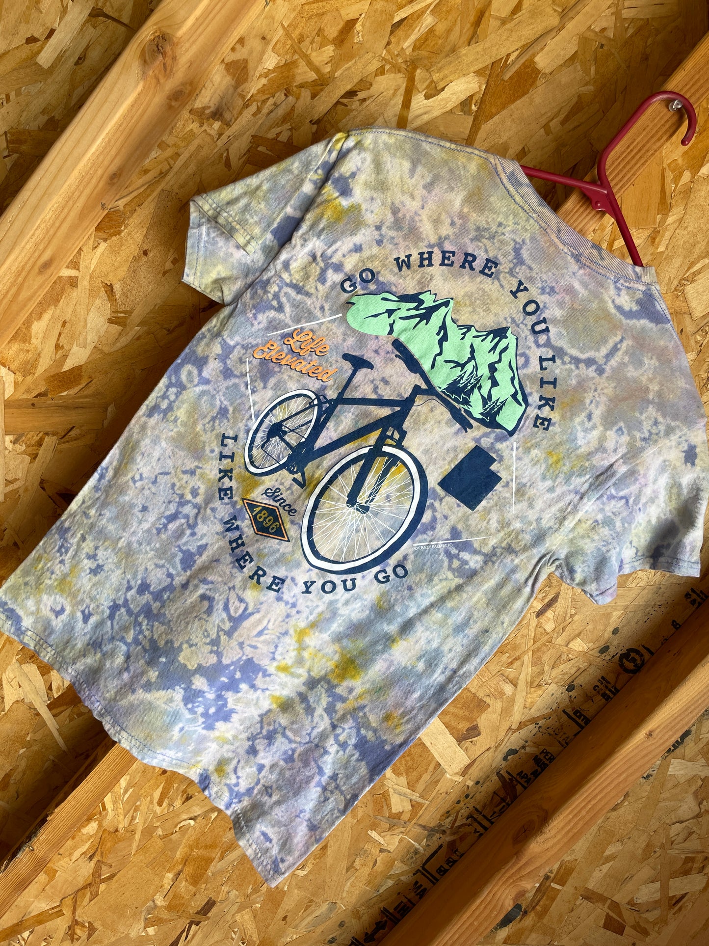 Small Unisex Bike Utah Handmade Tie Dye T-Shirt | Blue, White, and Yellow Crumpled Tie Dye Short Sleeve