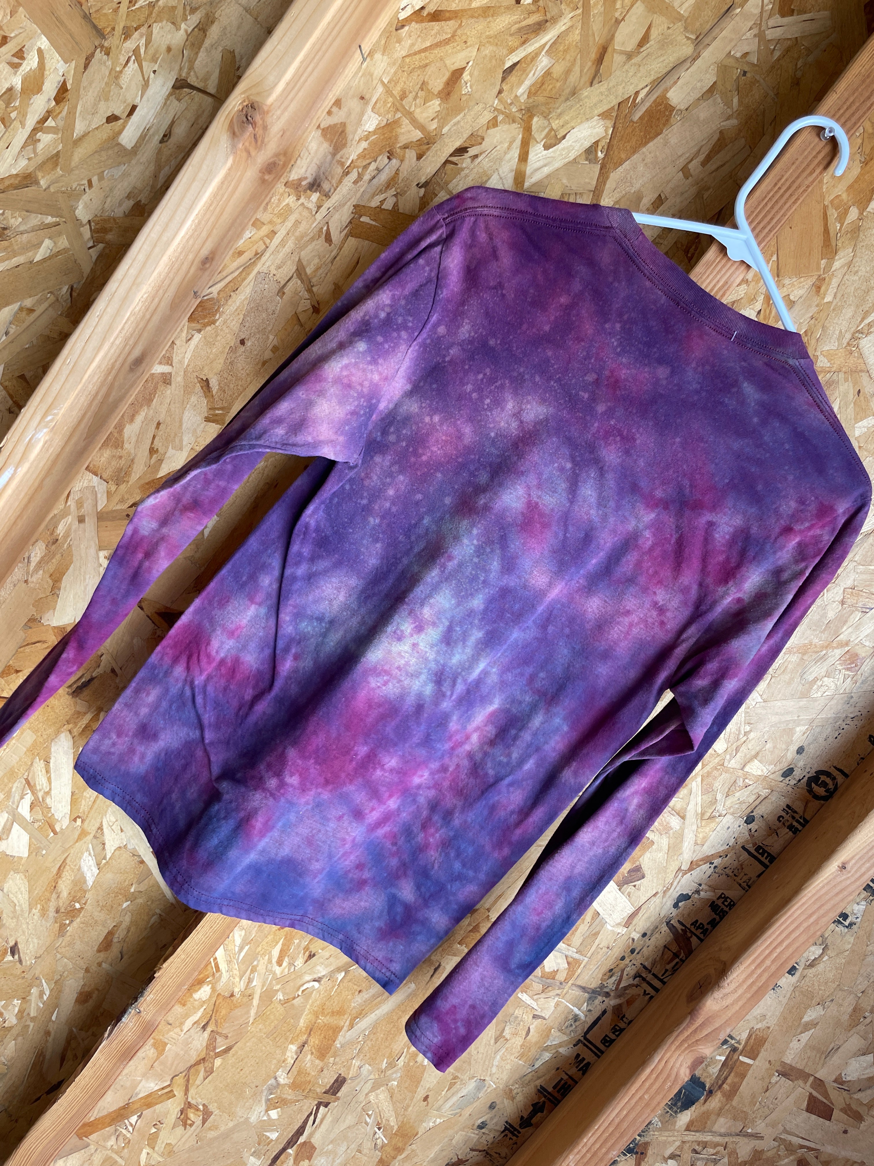 Small Men’s Momentum Climbing Handmade Tie Dye T-Shirt | Purple and Plum Galaxy Ice Dye Tie Dye Long Sleeve