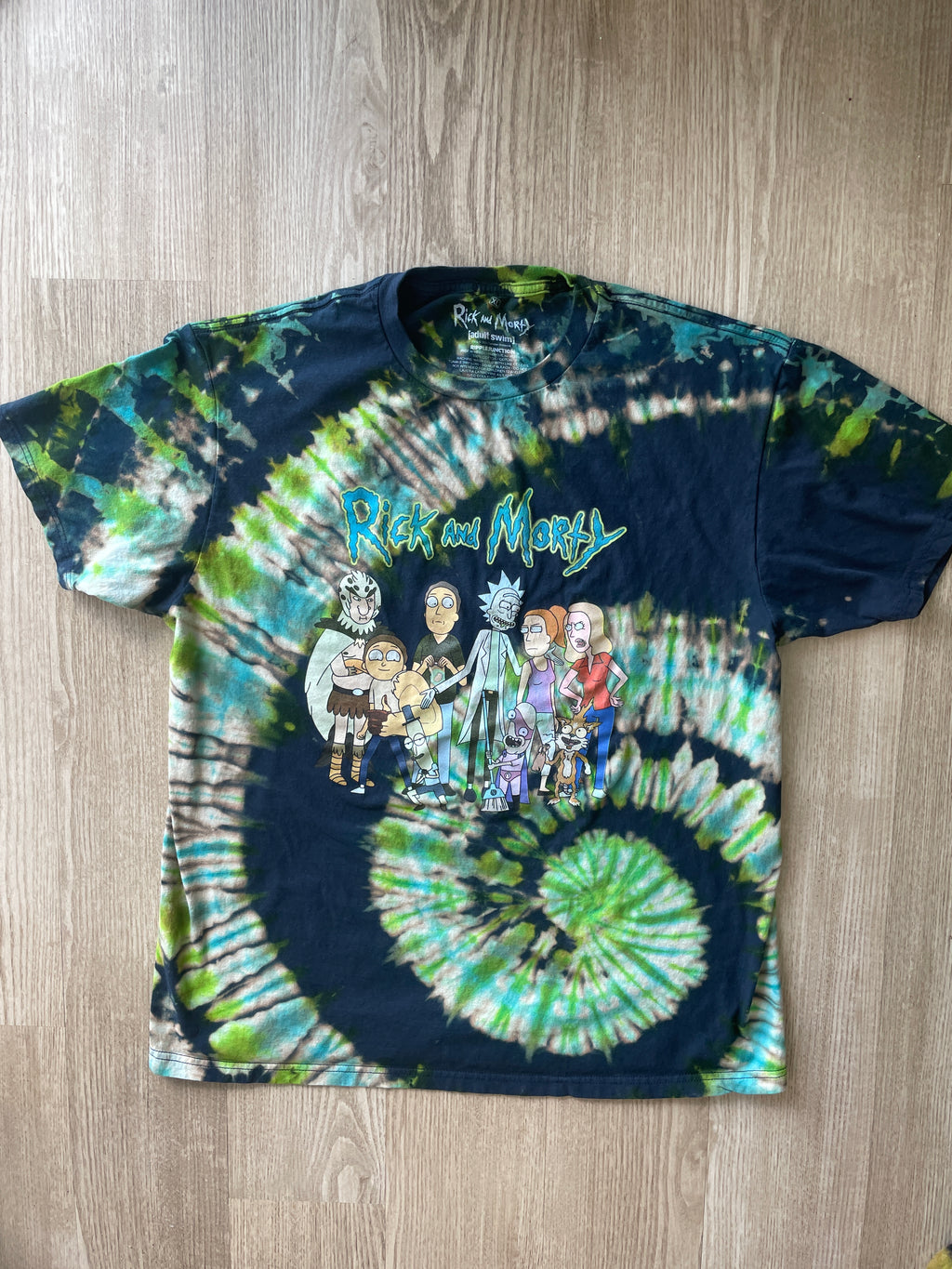 XL Men’s Rick and Morty Handmade Tie Dye T-Shirt | One-Of-a-Kind Blue and Green Spiral Short Sleeve
