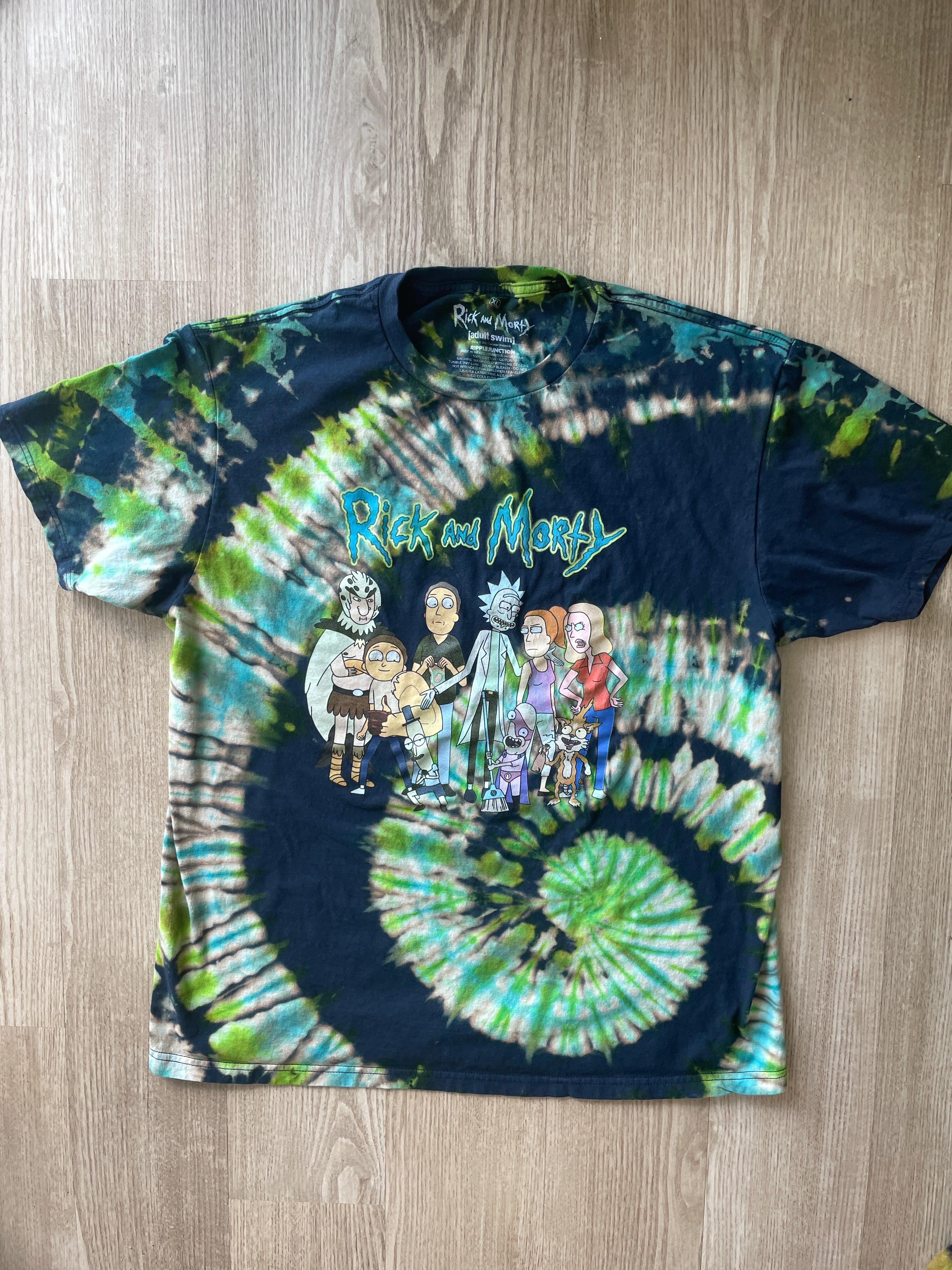 XL Men’s Rick and Morty Handmade Tie Dye T-Shirt | One-Of-a-Kind Blue and Green Spiral Short Sleeve