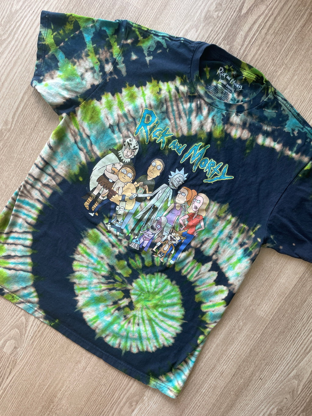 XL Men’s Rick and Morty Handmade Tie Dye T-Shirt | One-Of-a-Kind Blue and Green Spiral Short Sleeve