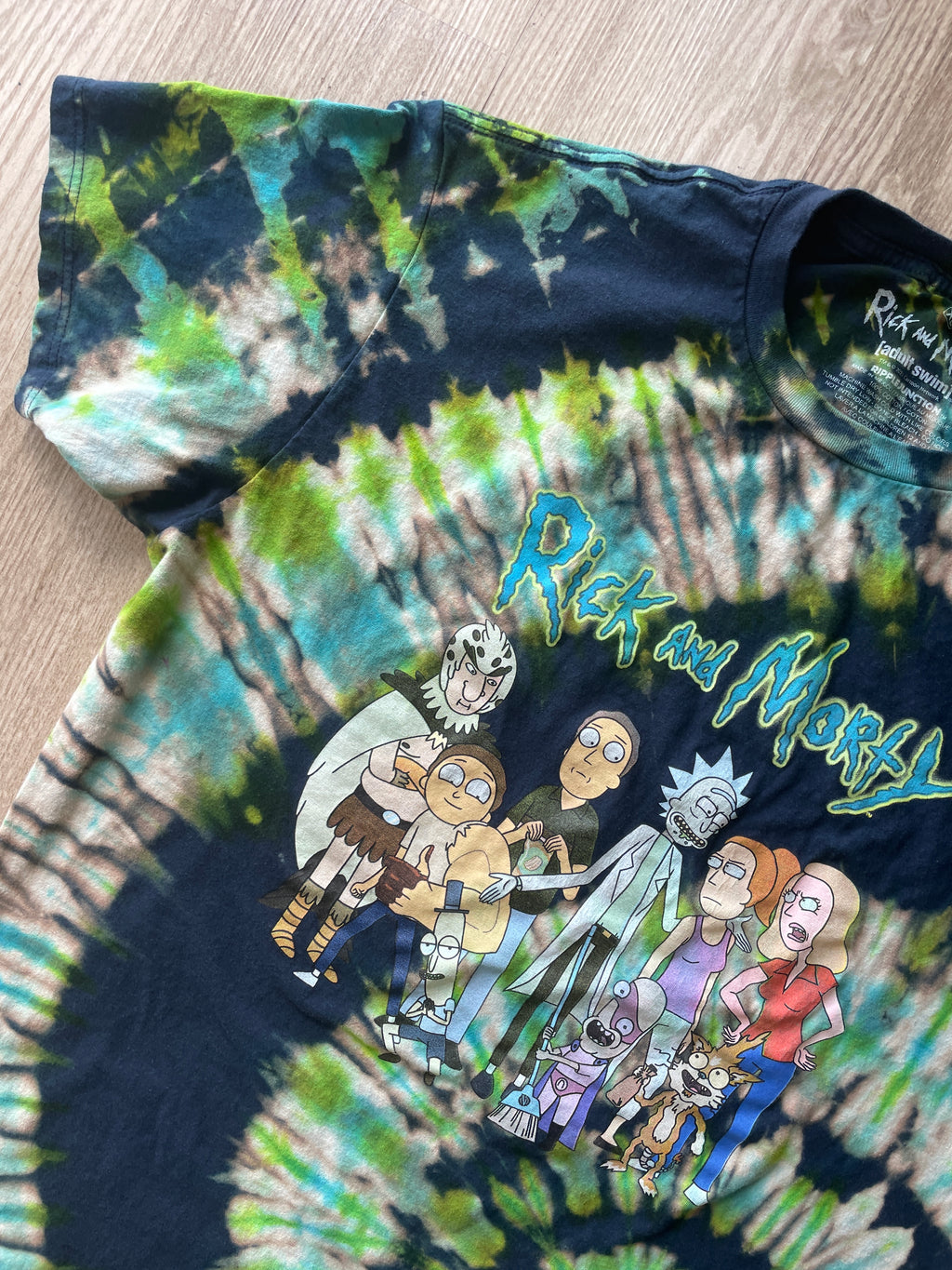 XL Men’s Rick and Morty Handmade Tie Dye T-Shirt | One-Of-a-Kind Blue and Green Spiral Short Sleeve