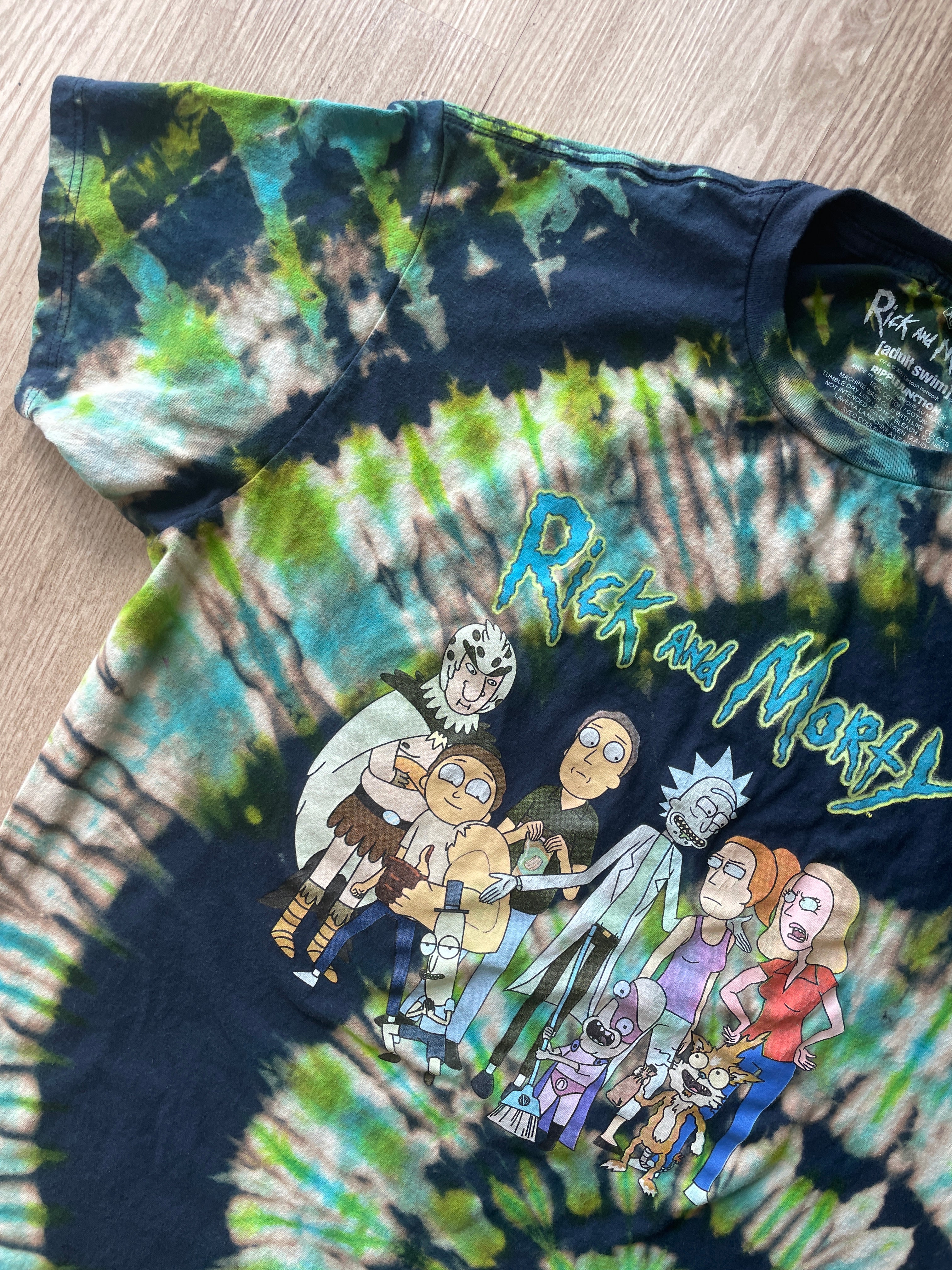 XL Men’s Rick and Morty Handmade Tie Dye T-Shirt | One-Of-a-Kind Blue and Green Spiral Short Sleeve