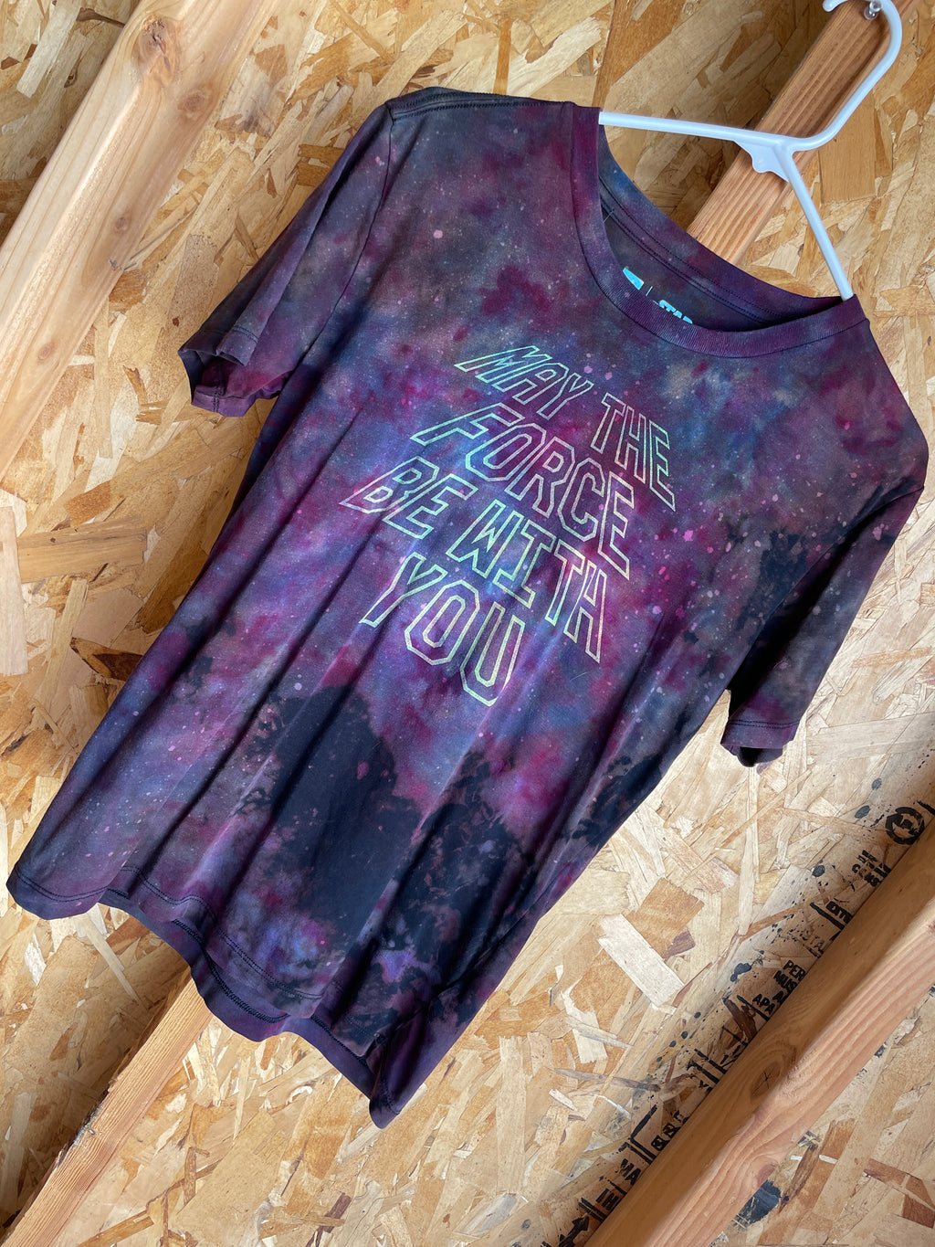Large Women’s May The Force Be With You Handmade Galaxy Tie Dye T-Shirt | Star Wars Black, Purple, and Pink Ice Dye Short Sleeve